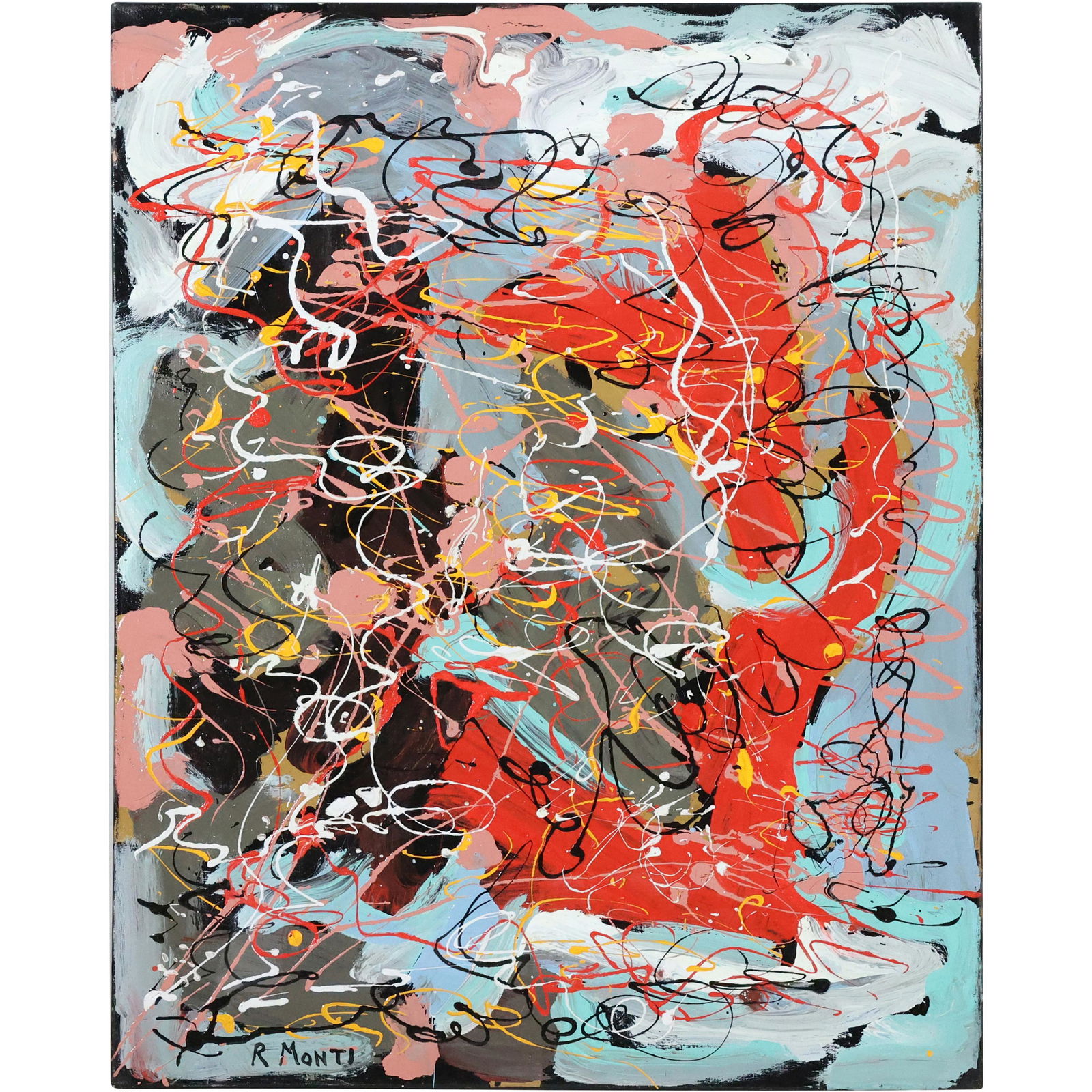 Rocco Monticolo, R Monti, Oil/c BUSY ABSTRACT DRIP ART PAINTING, Signed (1 of 11)