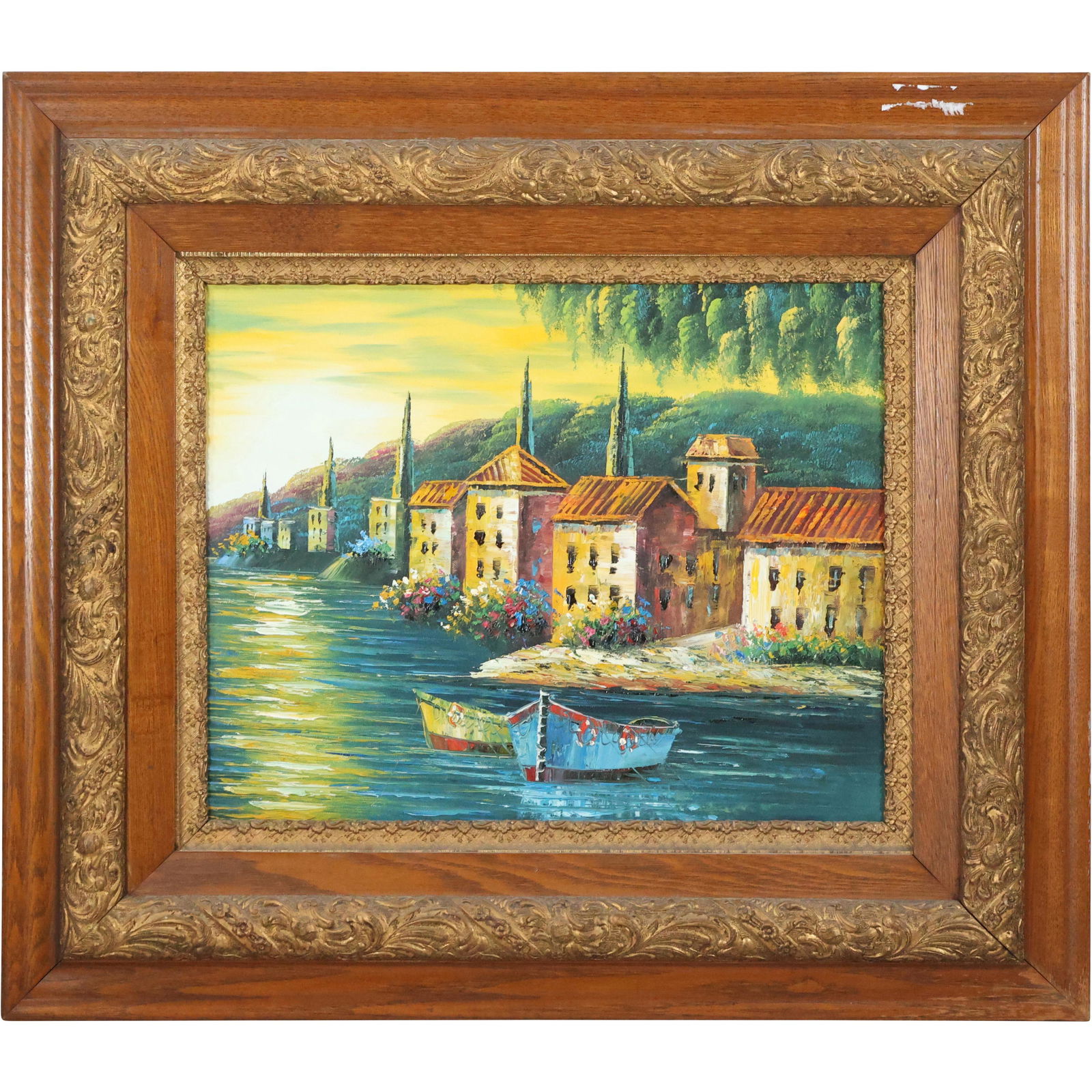 20th C. Oil Painting ITALIAN BOAT HOUSE VILLAS at SUNSET - Wide Antique Oak Frame (1 of 10)