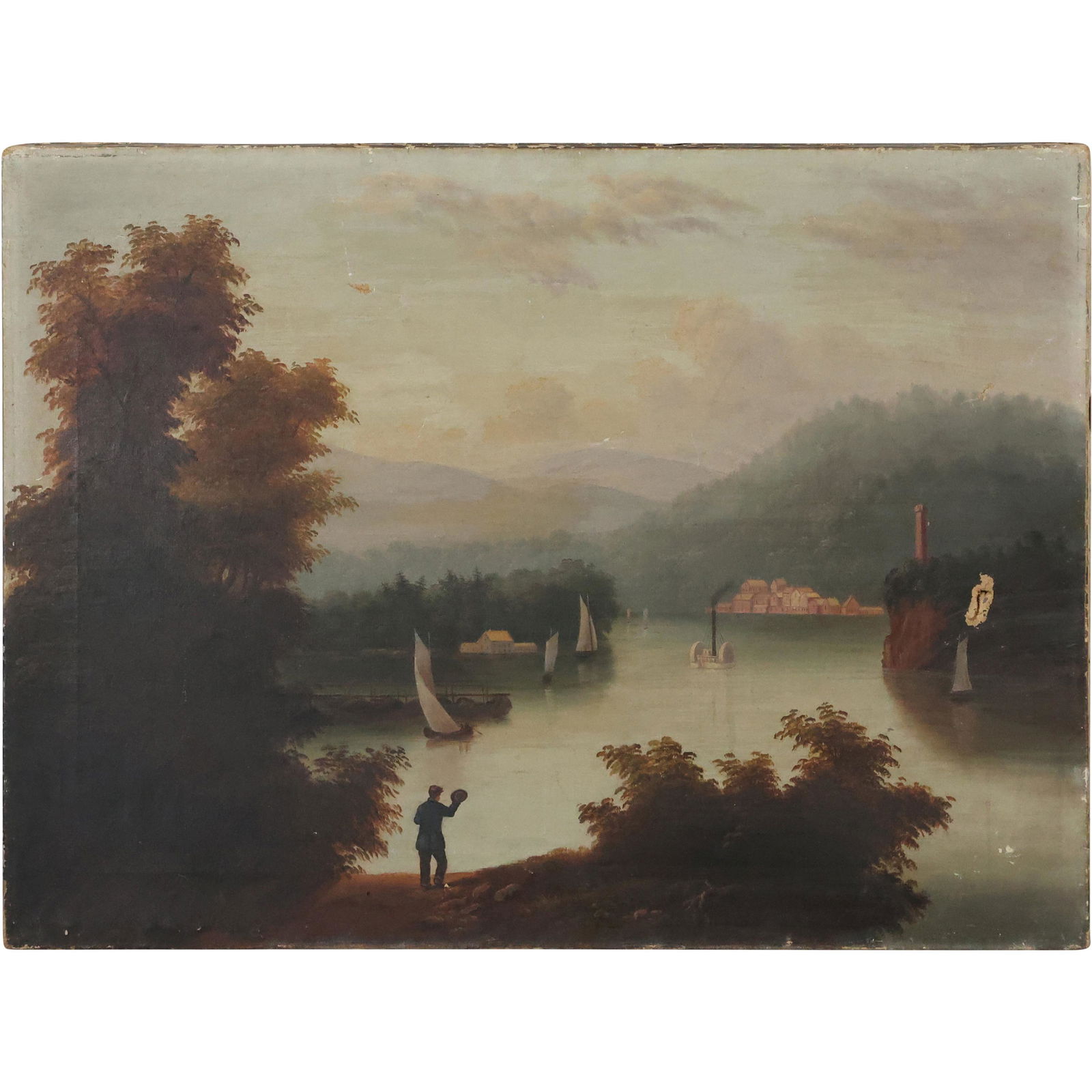 1800s HUDSON RIVER OIL PAINTING With Boats, Steam Paddlewheeler, Figure - Needs Restoration (1 of 14)