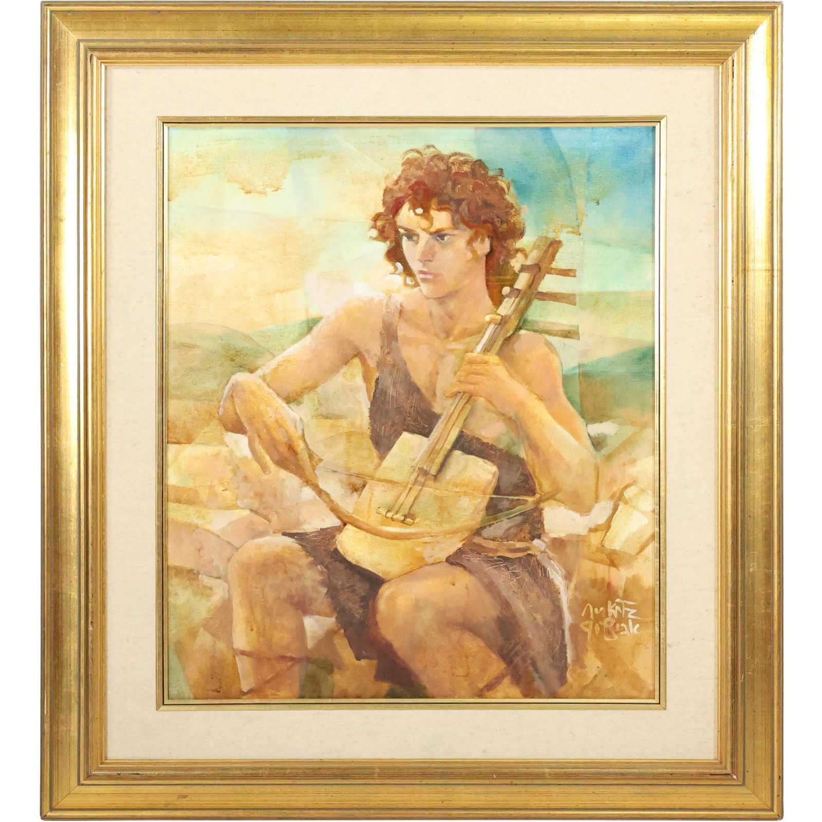 Quality Artist Signed Oil Painting on Canvas MAN PLAYING LUTE INSTRUMENT, Framed (1 of 11)