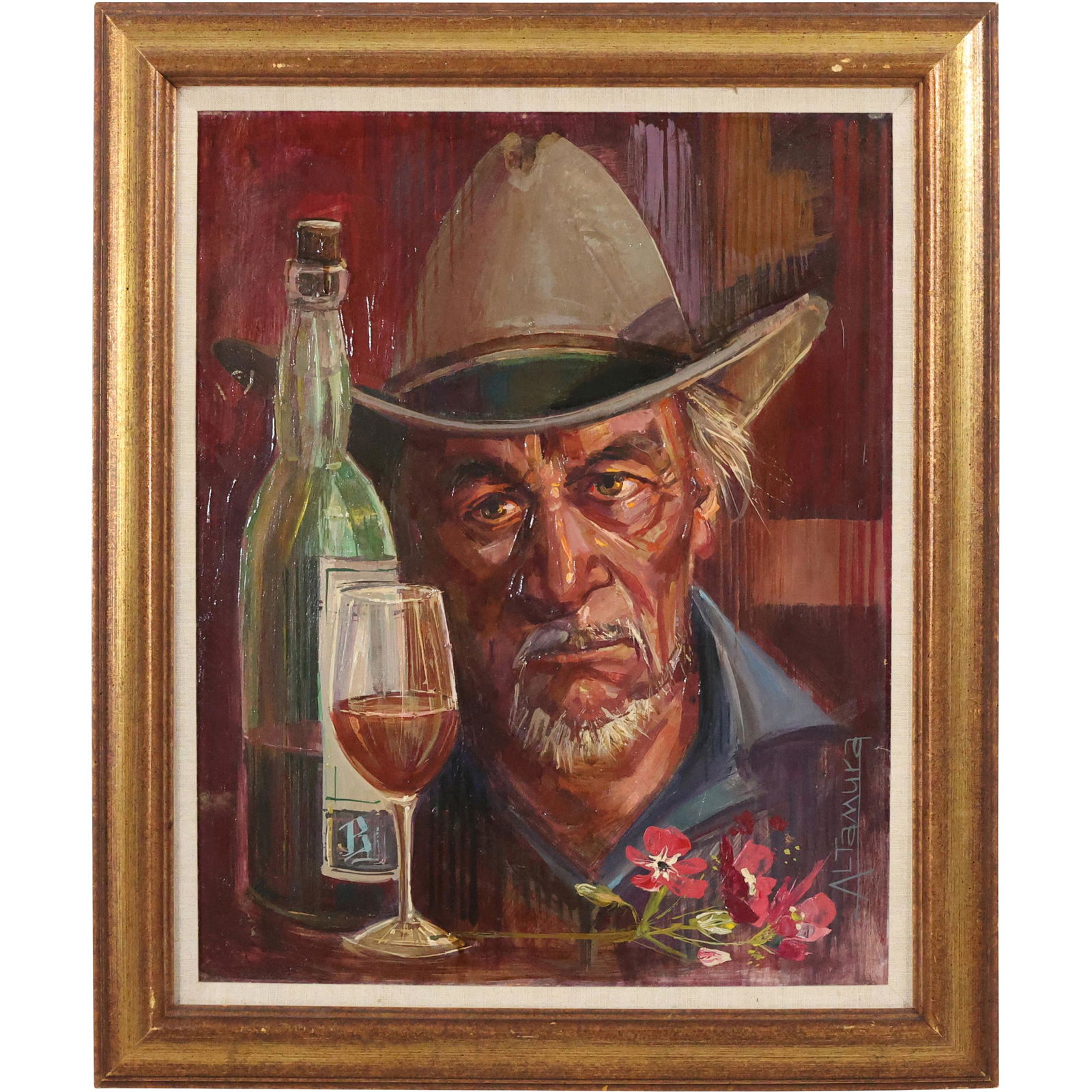 Signed ALTAMURA, Original Vintage Illustration Art Painting DRINKING COWBOY (1 of 12)