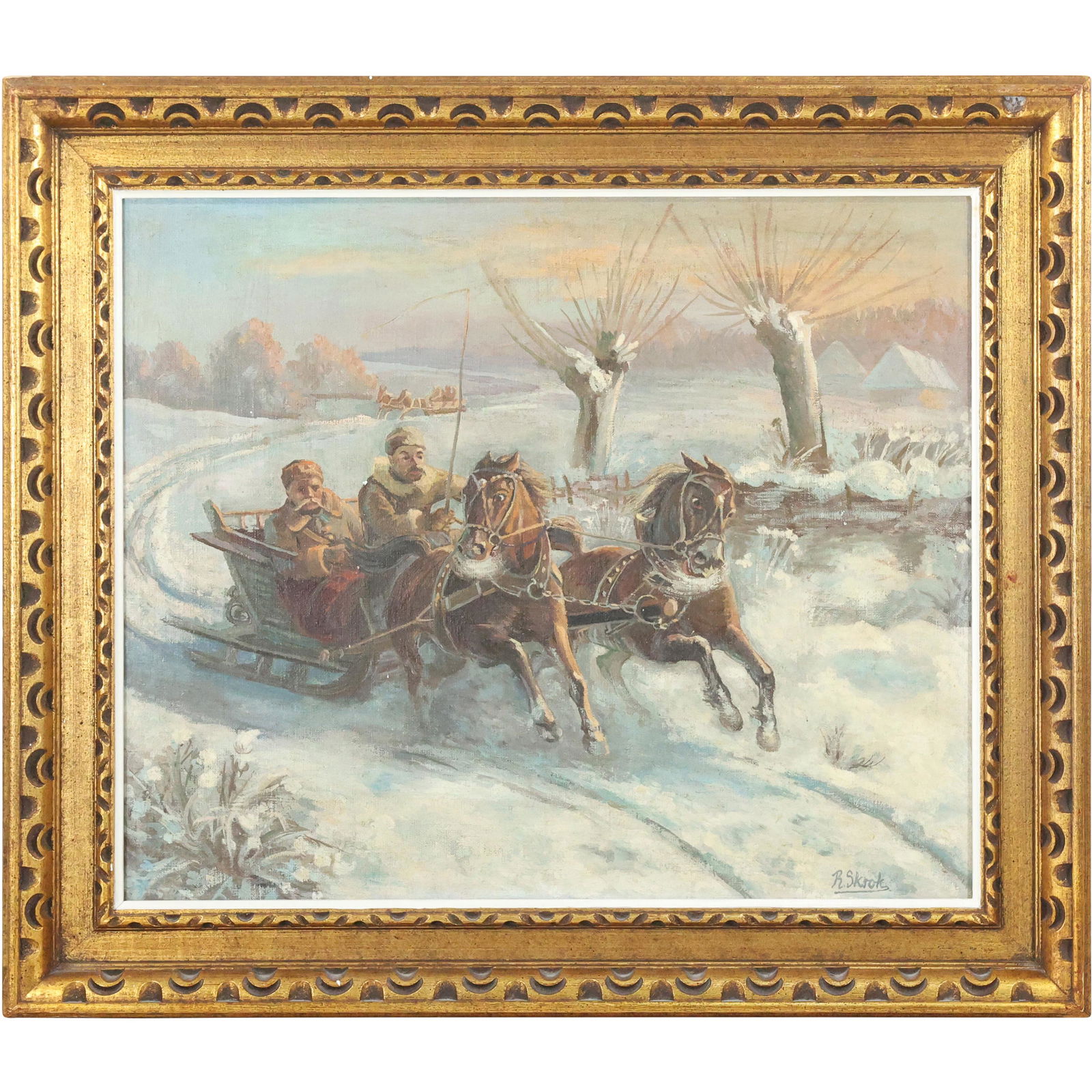 Signed R SKROK, Vintage RUSSIAN OIL PAINTING HORSE DRAWN SLEIGH RIDE (1 of 13)
