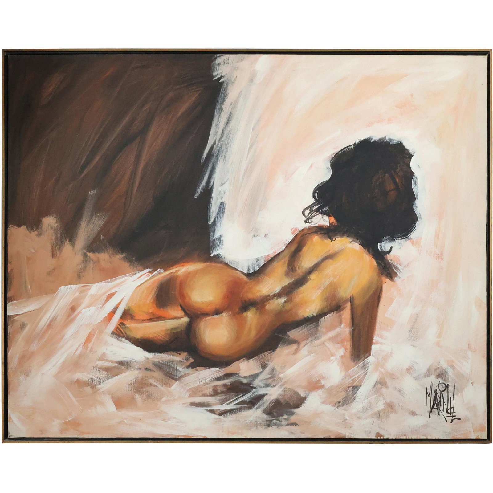 Signed LARGE Oil on Canvas Painting RECLINING BACKSIDE FEMALE NUDE, Framed: Signed LARGE Oil on Canvas Painting RECLINING BACKSIDE FEMALE NUDE, Framed. size: 48 x 60, 49.25 x 61.25 outside frame