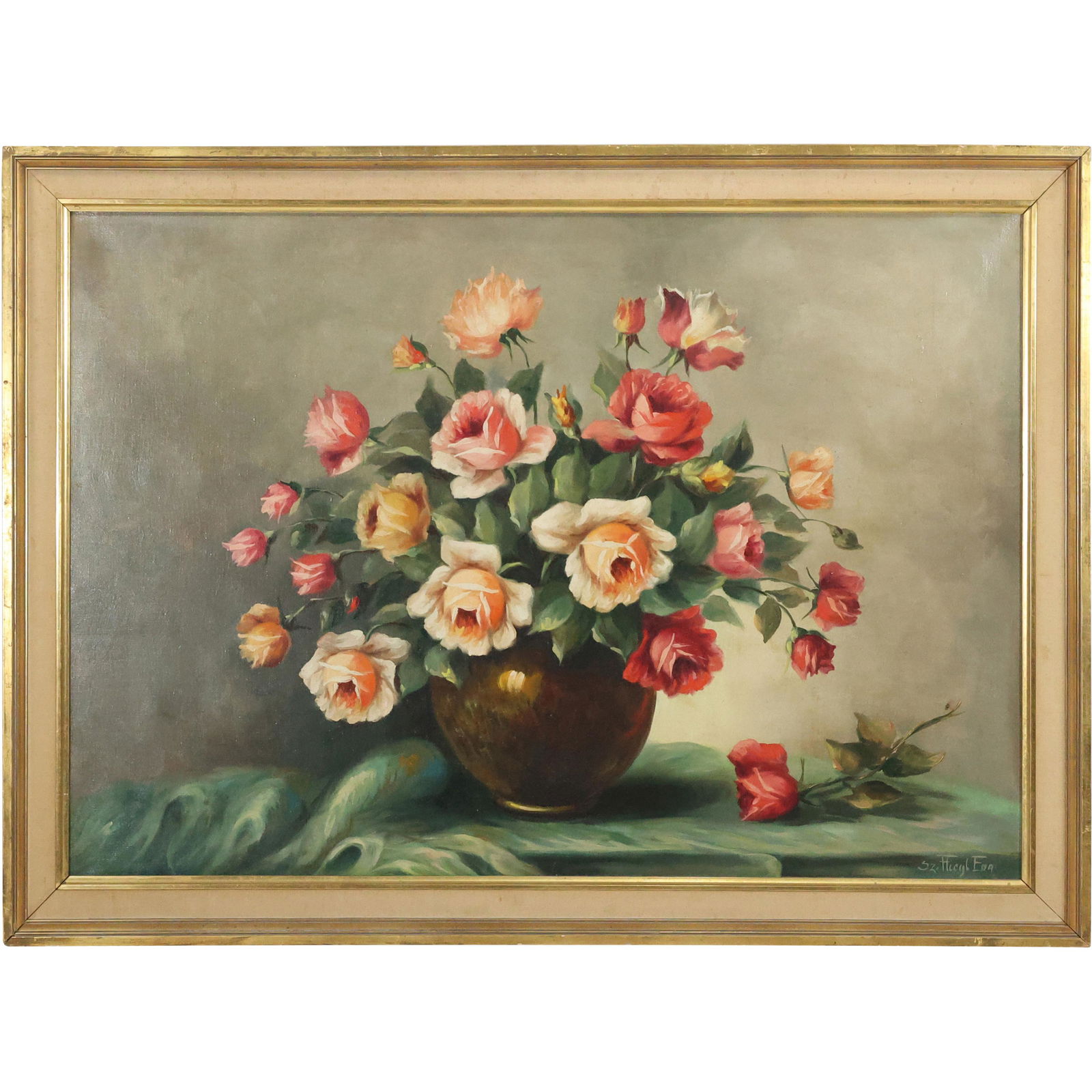 Quality Hungarian Antique Oil Painting ARRANGEMENT OF ROSES IN VASE, Signed, Framed: Quality Hungarian Antique Oil Painting ARRANGEMENT OF ROSES IN VASE, Signed, Framed. size: 27.25 x 39.25, 31.5 x 43.5 outside frame