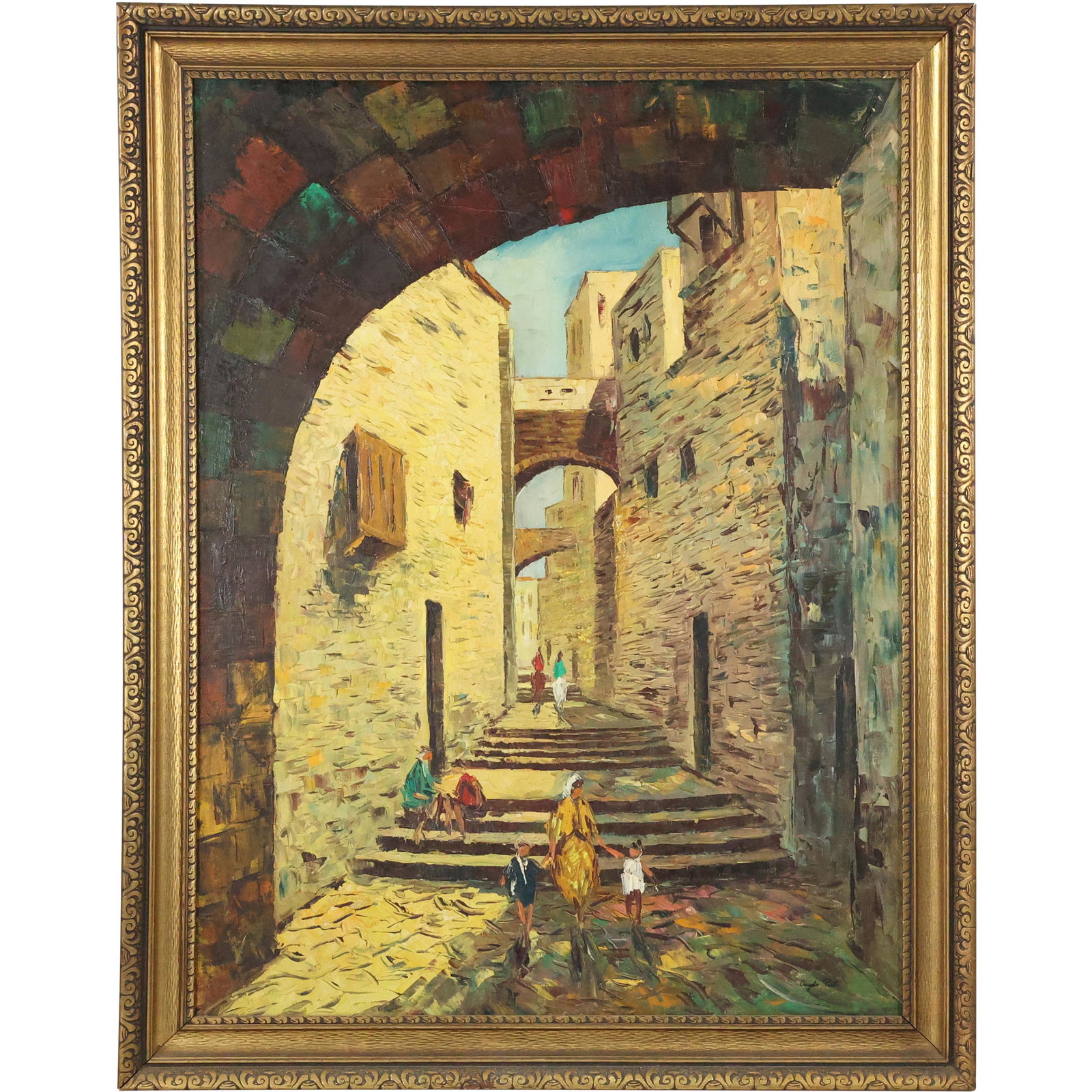 Signed ANGELO PONTI, Vintage Oil Painting ARCHWAY STEPS TO VILLA HOMES: Signed ANGELO PONTI, Vintage Oil Painting ARCHWAY STEPS TO VILLA HOMES. Figures on Steps. Oil on Canvas, Original Framing. size: 40 x 30, 45.5 x 35.5 outside frame