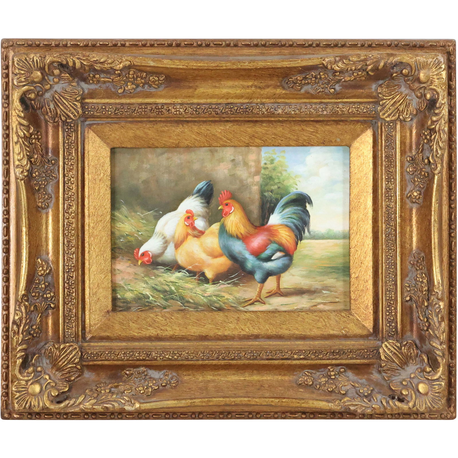 Fine 20th C. Oil Painting on Board BARNYARD CHICKENS, Wide Gold Quality Frame (1 of 7)