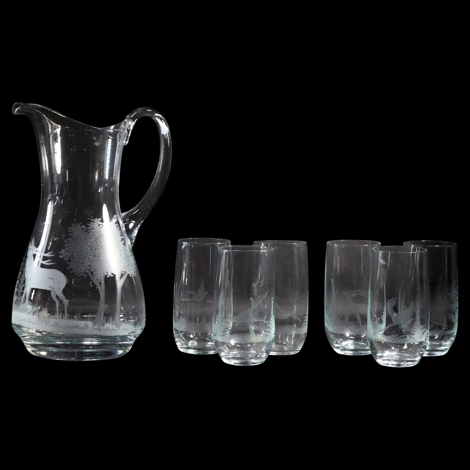 Etched ELK Crystal Glass Water Pitcher & 6 Etched QUAIL BIRD Drinking Glasses (1 of 11)