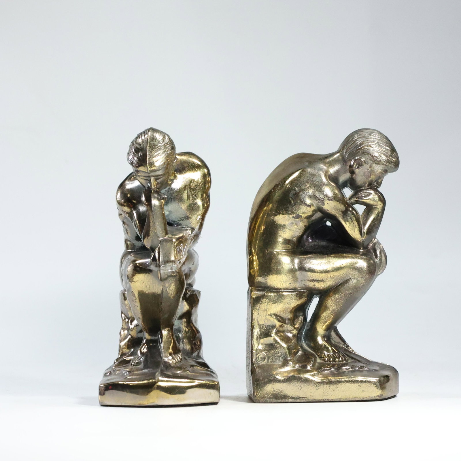 Cast Metal NUDE SEATED MALE BOOKENDS "THE THINKER" Brass Patina Finish: Cast Metal NUDE SEATED MALE BOOKENDS "THE THINKER" Brass Patina Finish. size: 7 x 3 x 4