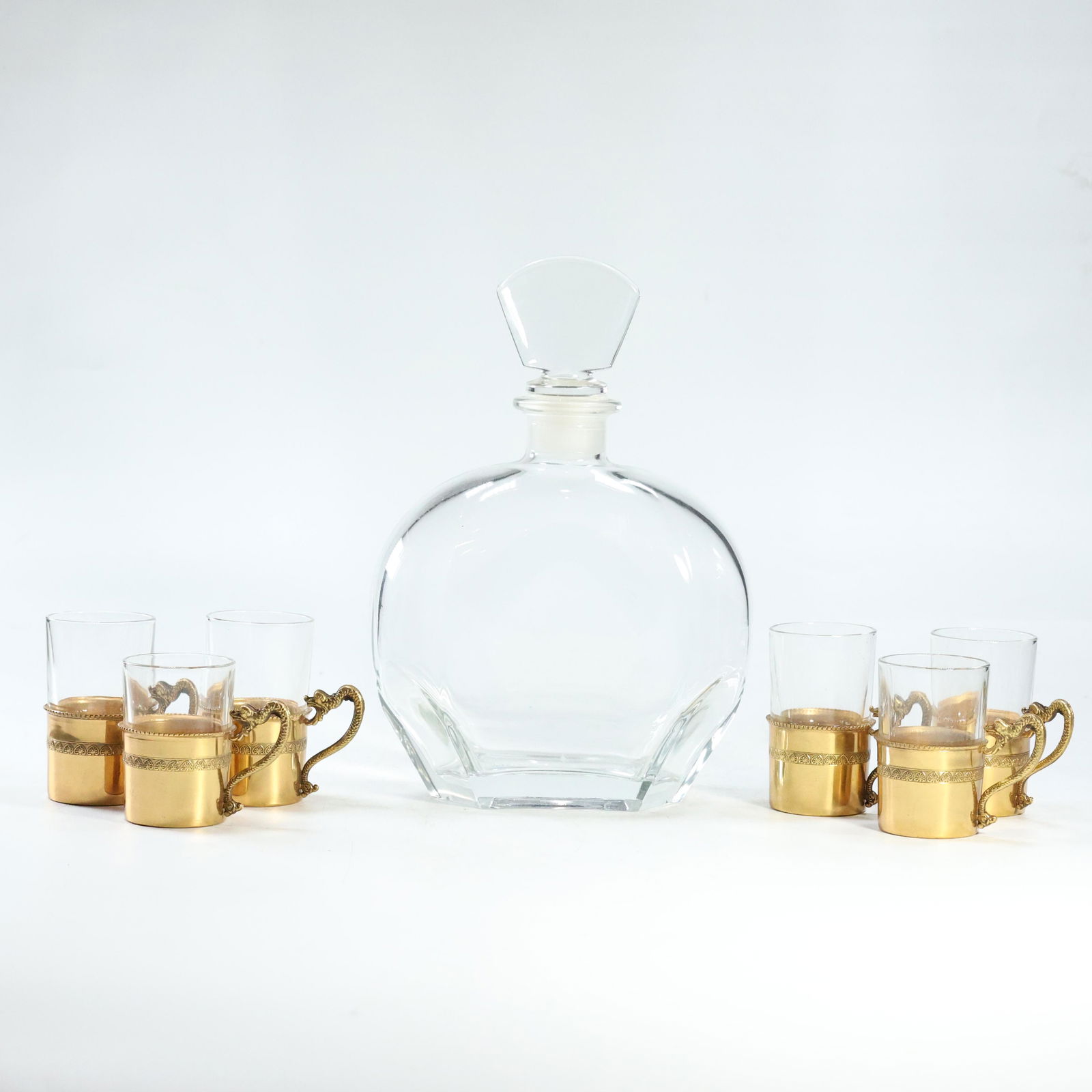 Glass Liquor Decanter and [6] Italian Gold Metal Holder Glasses Serpent Handles (1 of 12)