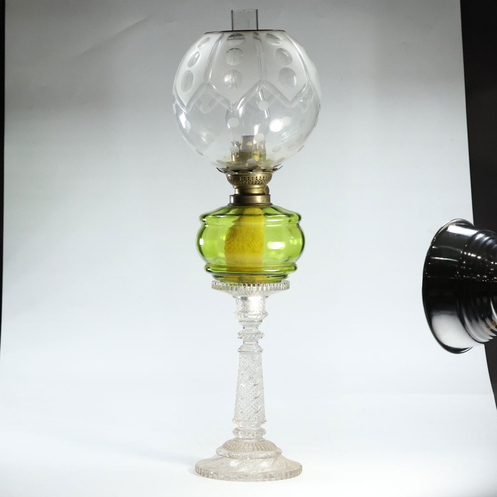 Antique Sandwich Glass Banquet Oil Lamp Green Font Clear Base 21.5 inches Height (1 of 10)