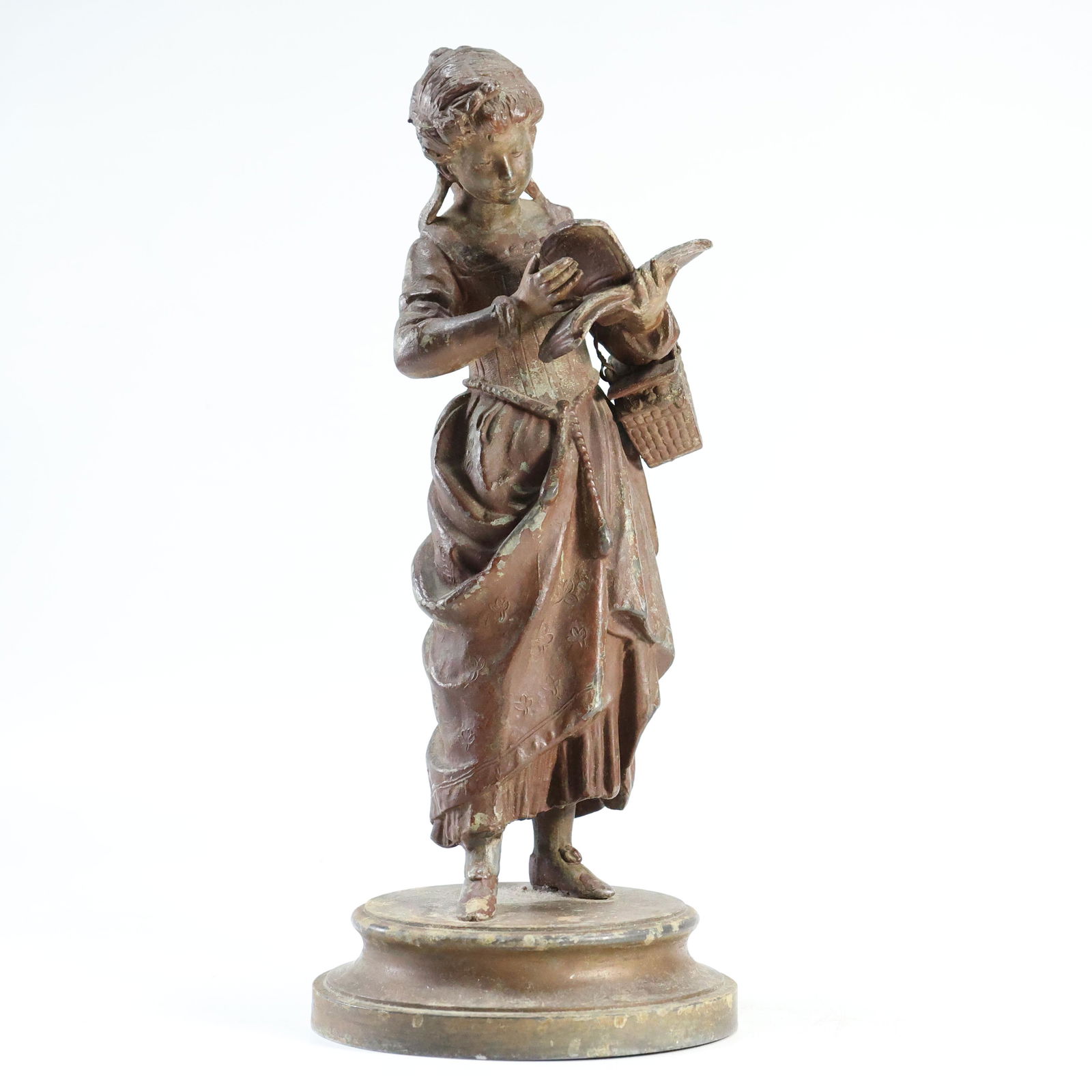 19th C. Cast Metal Spelter Statue YOUNG GIRL READING BOOK Older Patina Finish (1 of 11)