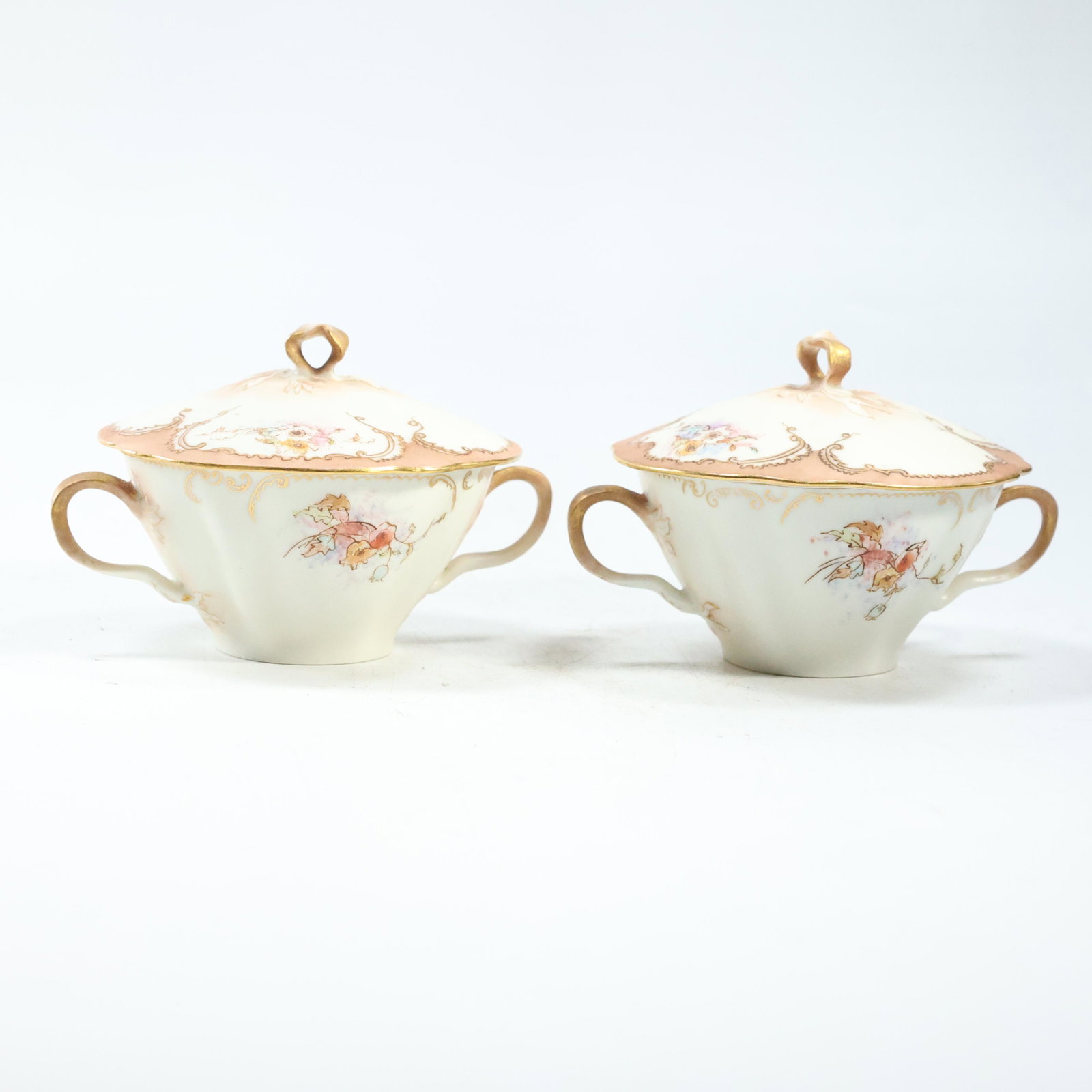 [2] TWO H & CO LIMOGES FRANCE K C B Double Handled Cups with Covers: [2] TWO H & CO LIMOGES FRANCE K C B Double Handled Cups with Covers size: 3.5 x 5.25