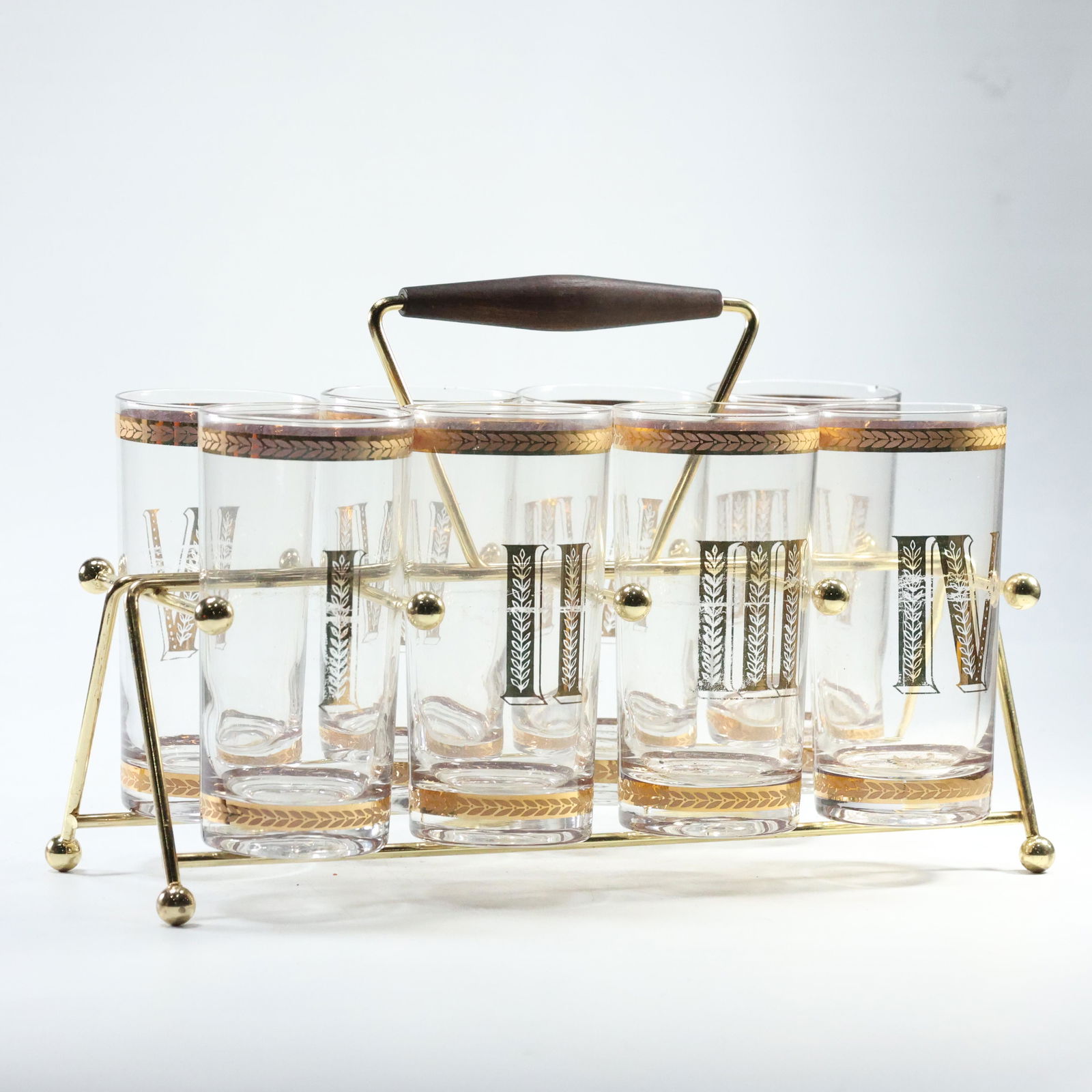 [8] Mid-Century Modern ROMAN NUMERALS Tall Drinking Glass in Metal CADDY (1 of 14)