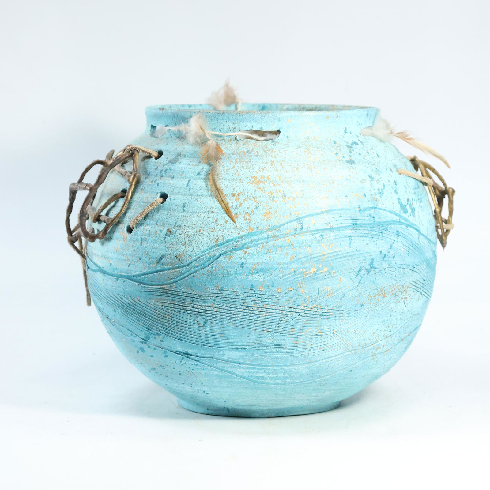 Unique BLUE RAKU Pottery Round Pot / Vase with Applied Decoration (1 of 7)