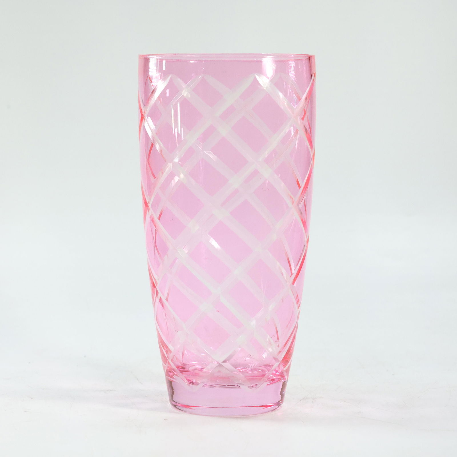 Mid-Century Modern PINK Glass Vase with CRISS-CROSS Etched Pattern (1 of 5)