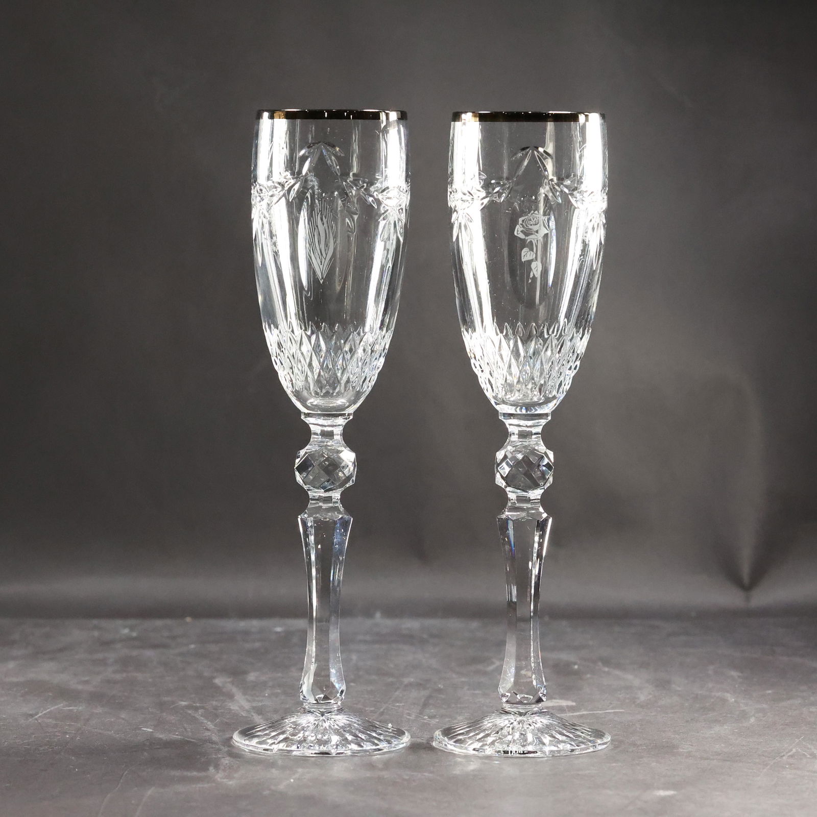 Signed WATERFORD 2000, His & Hers Etched Crystal Glass Champagne Toasting Glasses (1 of 9)