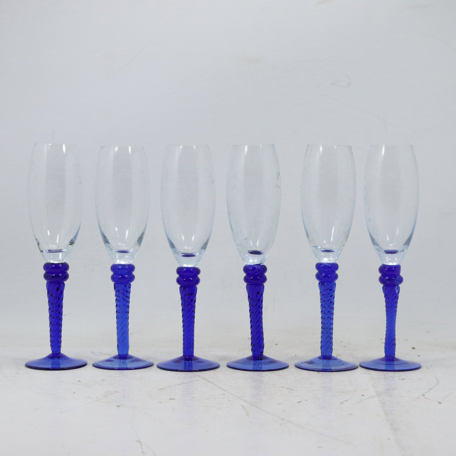 [6] Six Blue Stemmed Cocktail Flutes Glasses: [6] Six Blue Stemmed Cocktail Flutes Glasses size: 9.5h 2.5w