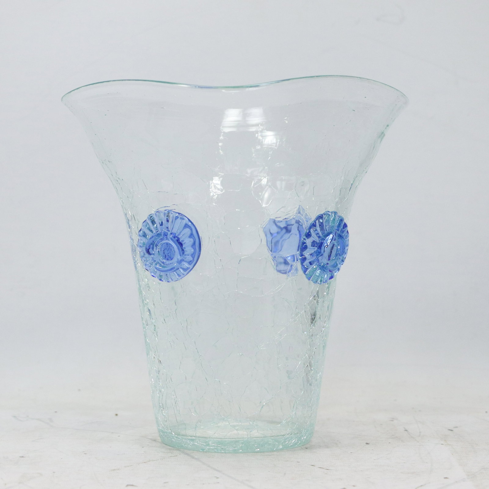 Hand Blown Crackle Glass Clear Vase with Applied Blue Glass Rosettes Accents: Hand Blown Crackle Glass Clear Vase with Applied Blue Glass Rosettes Accents . size: 9.25h 9w
