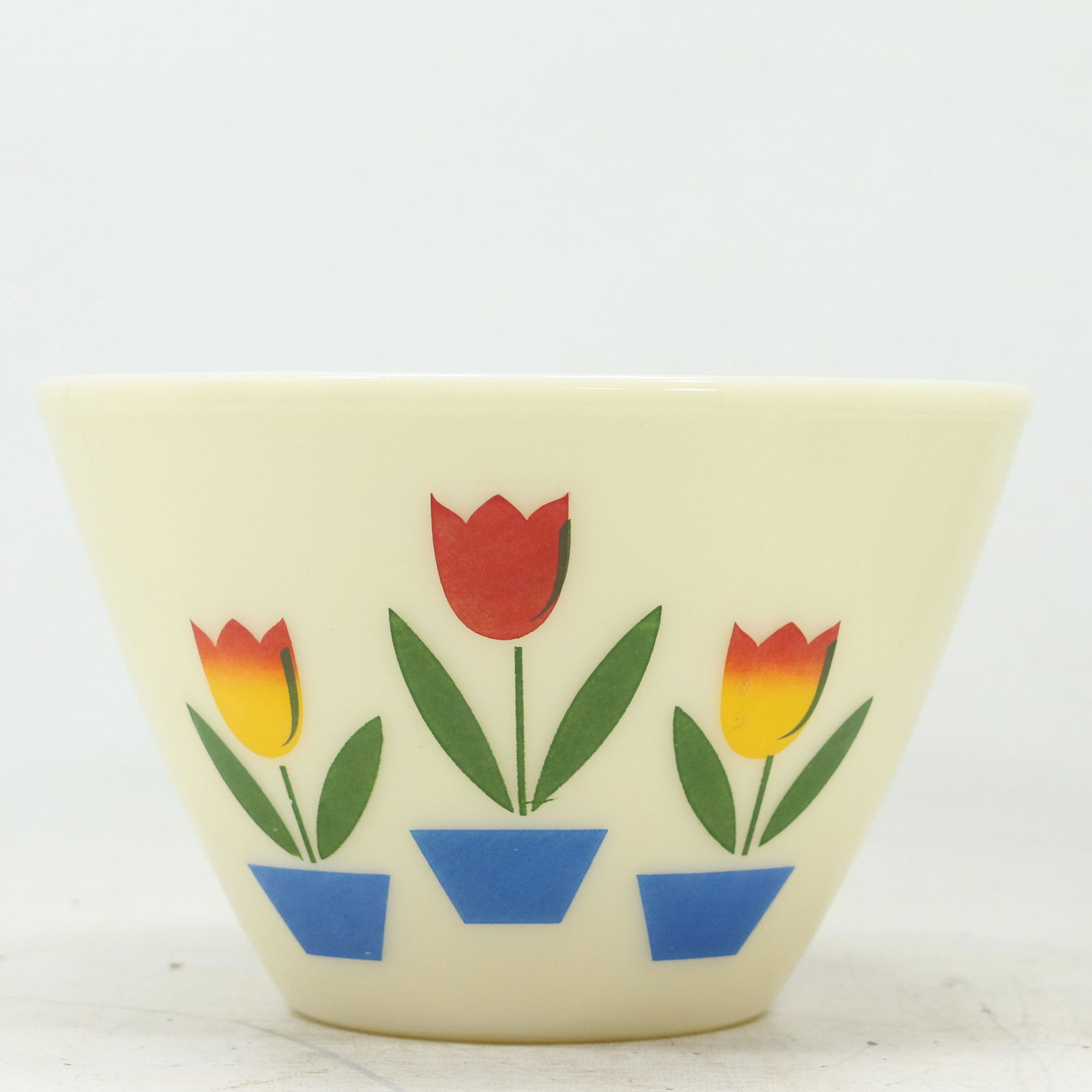 Vintage Oven Fire-King "TULIPS IN POTS" Glass Mixing Bowl: Vintage Oven Fire-King "TULIPS IN POTS" Glass Mixing Bowl size: 6h 9.5w
