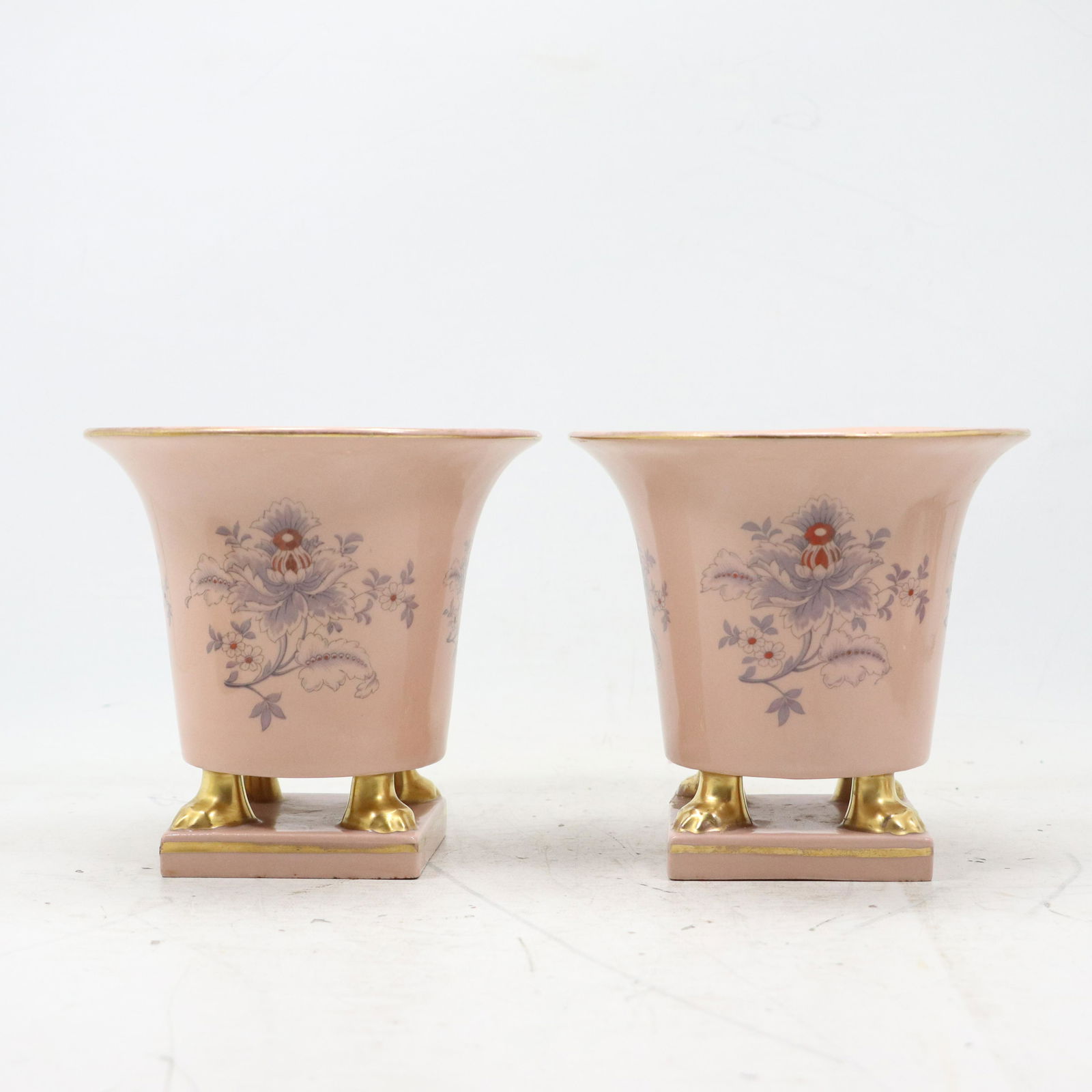 [2] Two Fine Porcelain Cache Pots Pink with Gold Gilt & Flowers (1 of 9)