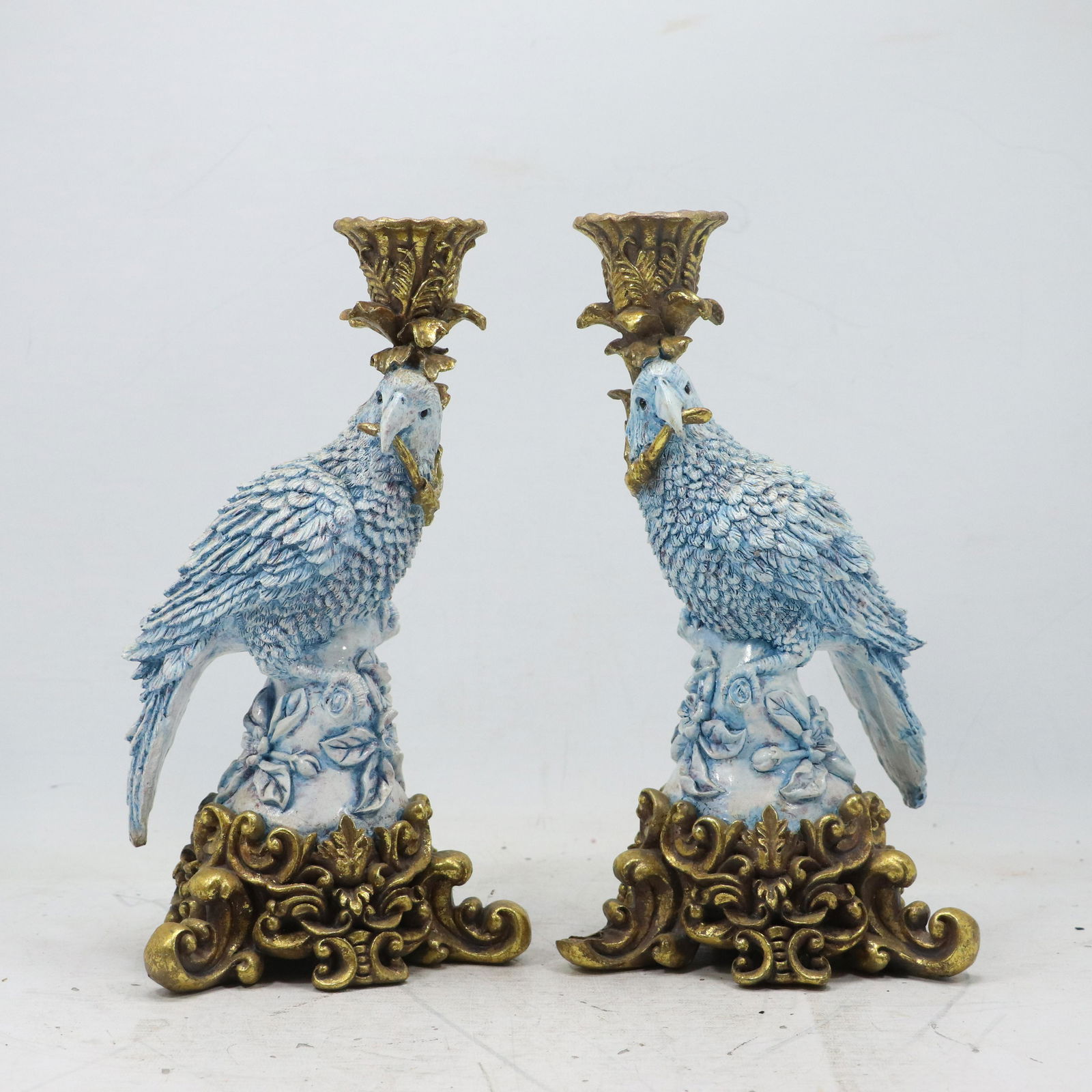 Chrisoon [2] Two Blue Parrot with Gold Base & Tops Candlesticks in Hard Composition (1 of 12)