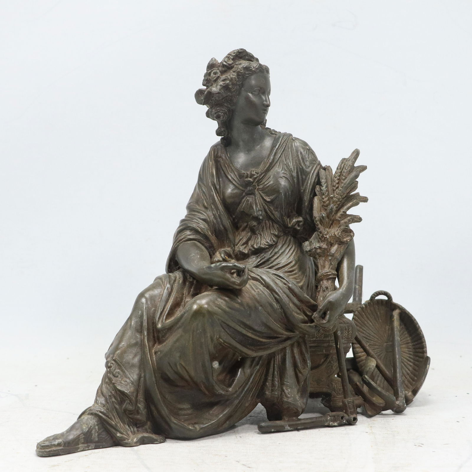 19th C. Antique Cast Metal Spelter Classical Grecian Seated Woman Holding Wheat Shank (1 of 7)