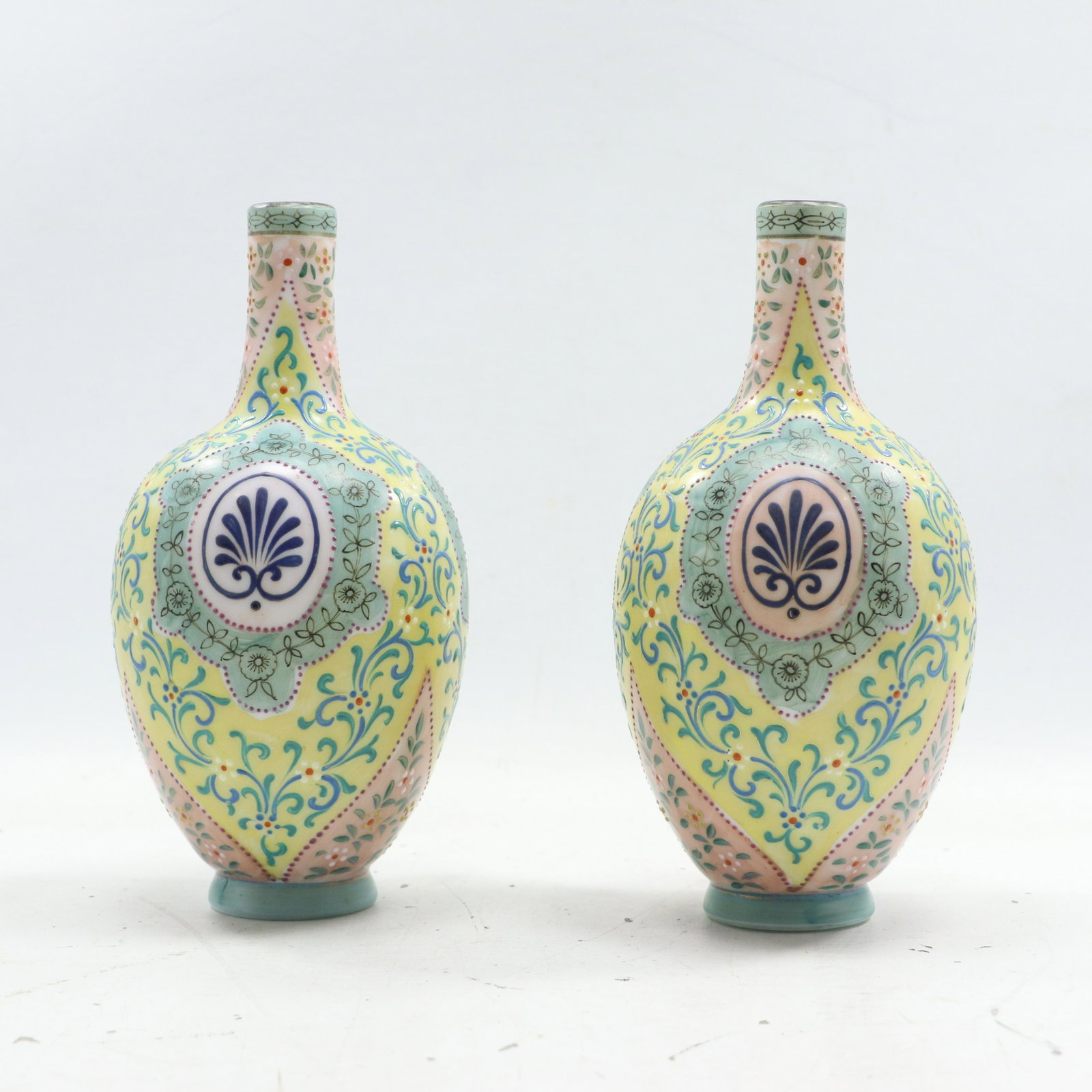 Fabulous Pair 19th C. Bristol Glass Vases Enameled Moorish Decoration Design: Fabulous Pair 19th C. Bristol Glass Vases Enameled Moorish Decoration Design. size: 8.5h 4w