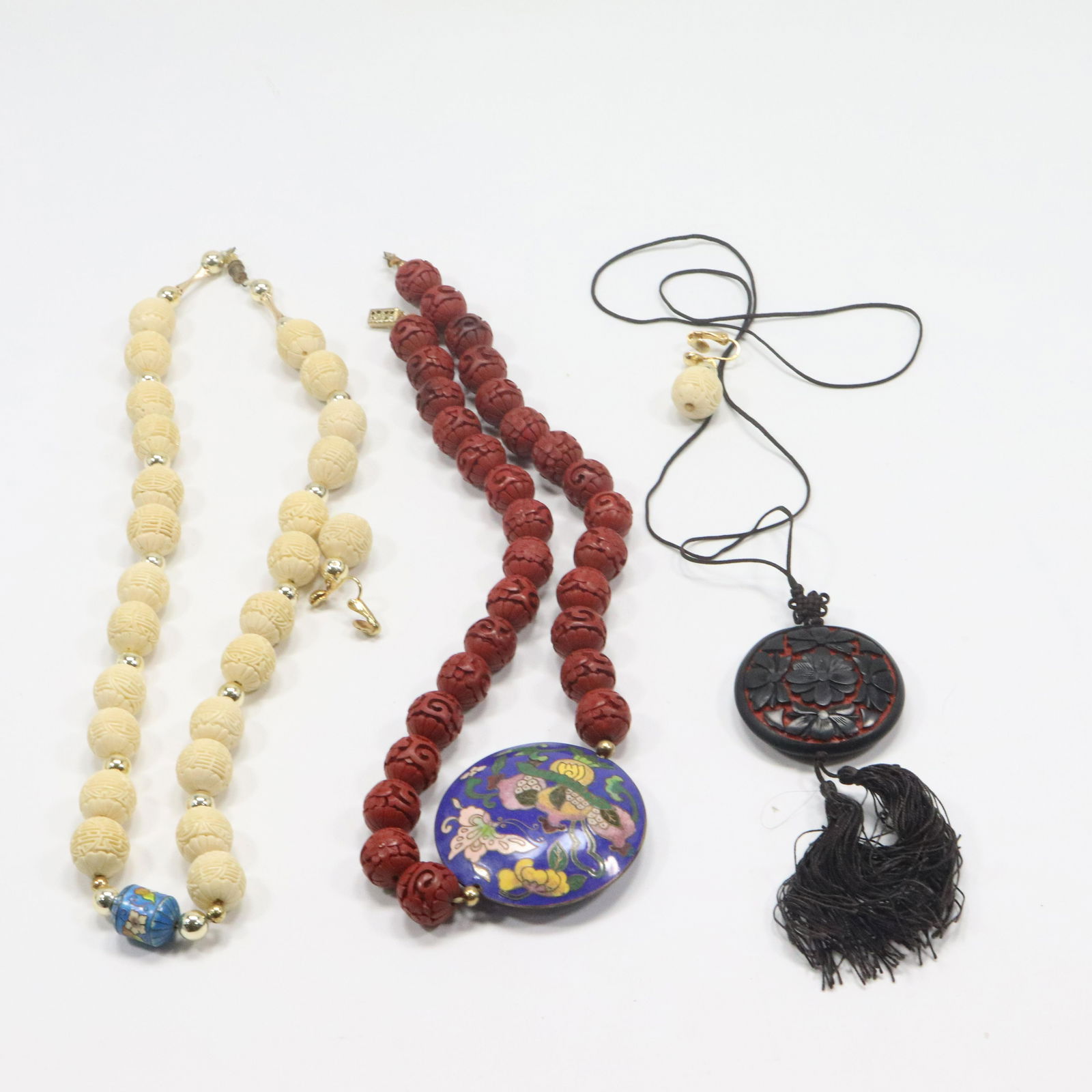 [3] Assorted Cinnebar Necklaces Red, White, Black & Red, Cloisonne Center (1 of 7)