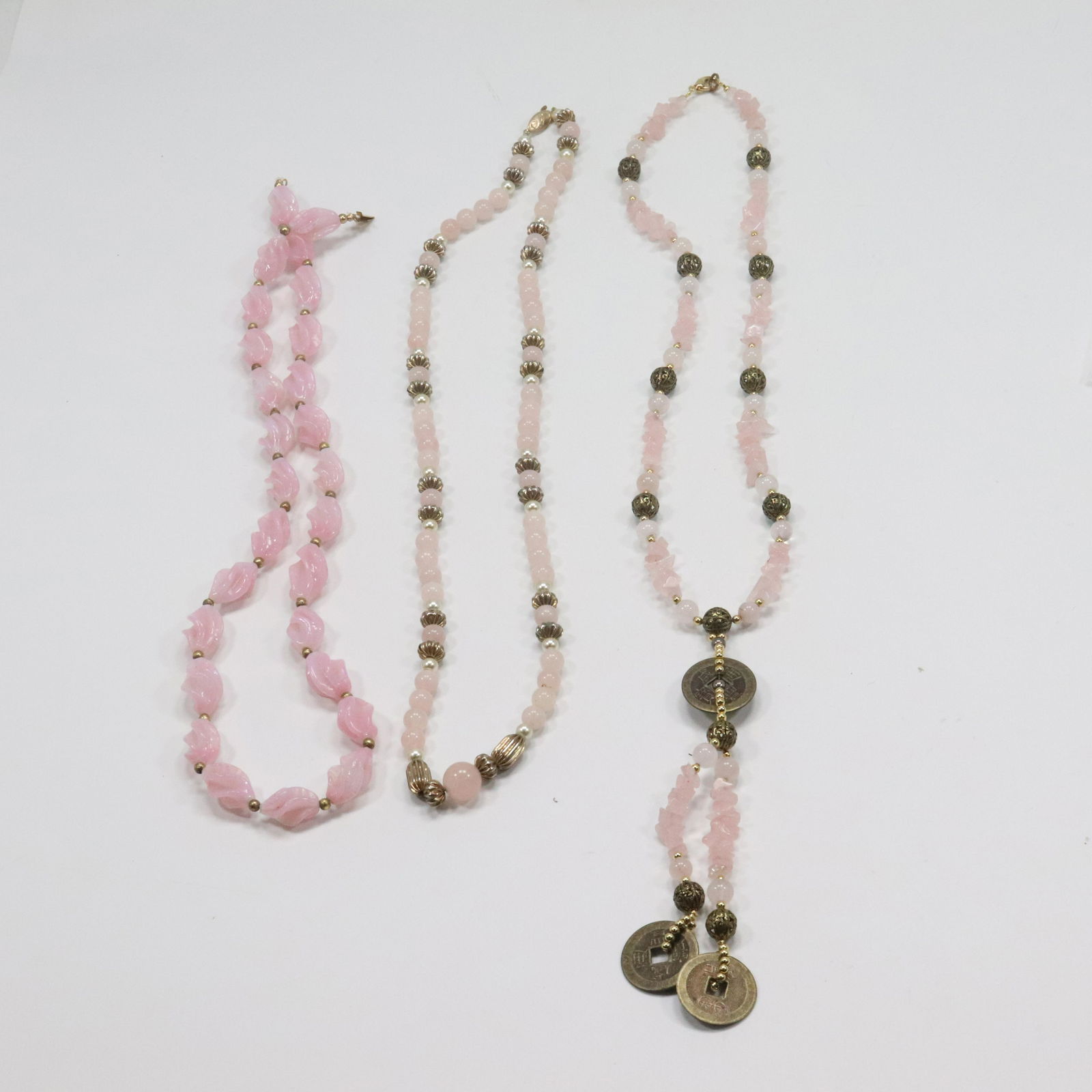 [3] Three Assorted Rose Quartz Necklaces 27 in. [missing clasp], 28 in., 24 in. (1 of 8)