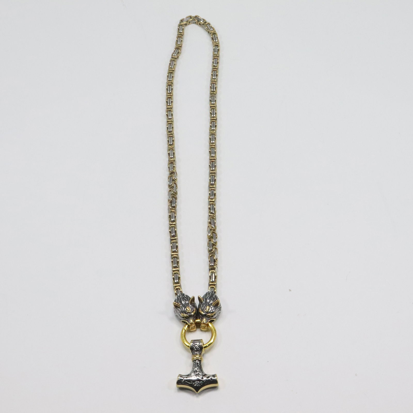 Unsigned Quality 2 Wolf Toggle Necklace Two Tone with Drop Pendant 26 in. x 1/4 in. x 2 1/4 in. (1 of 7)