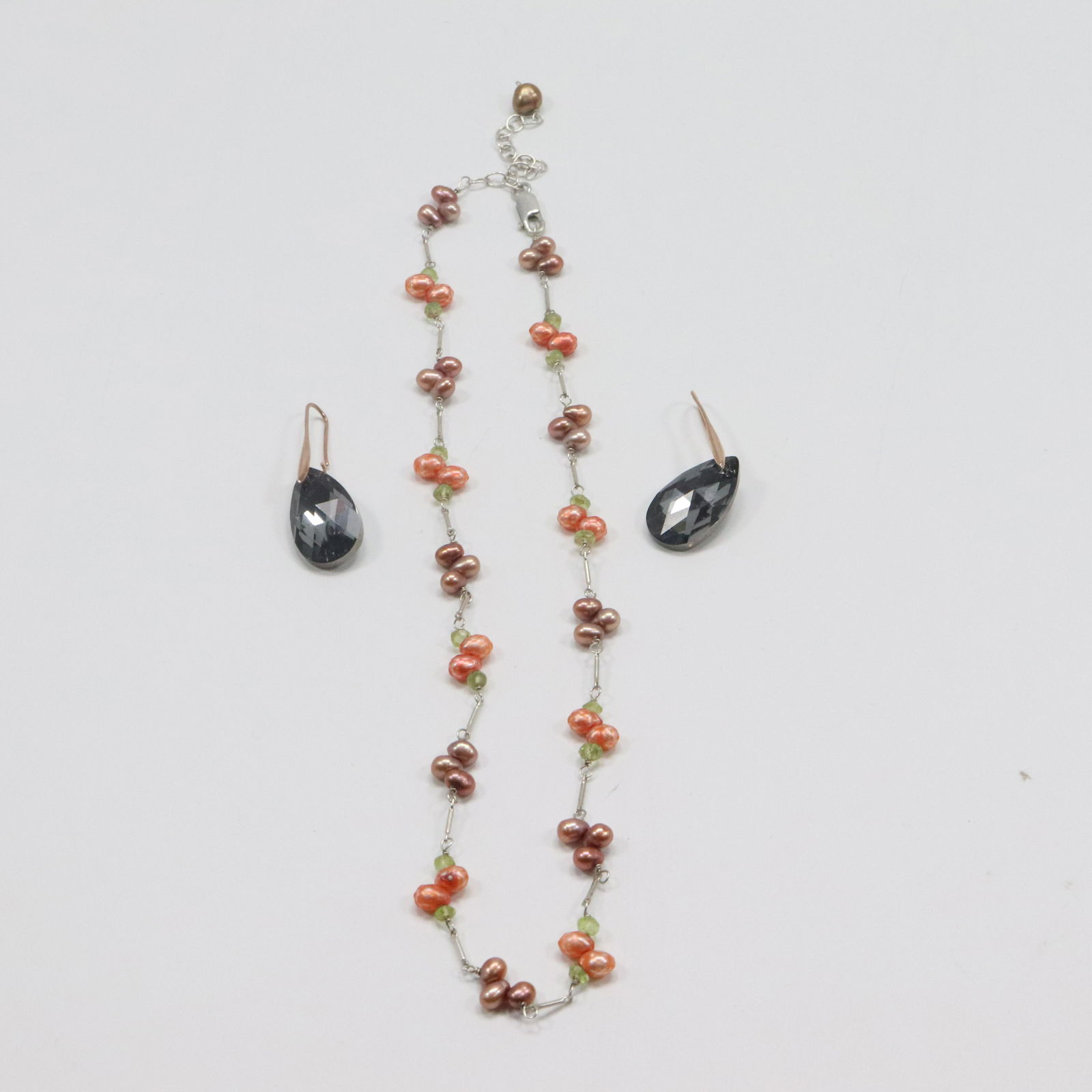 .925 Sterling Silver Hematite Quartz Earrings & ,925 Sterling Genuine Pearls Necklace 16 in. (1 of 6)