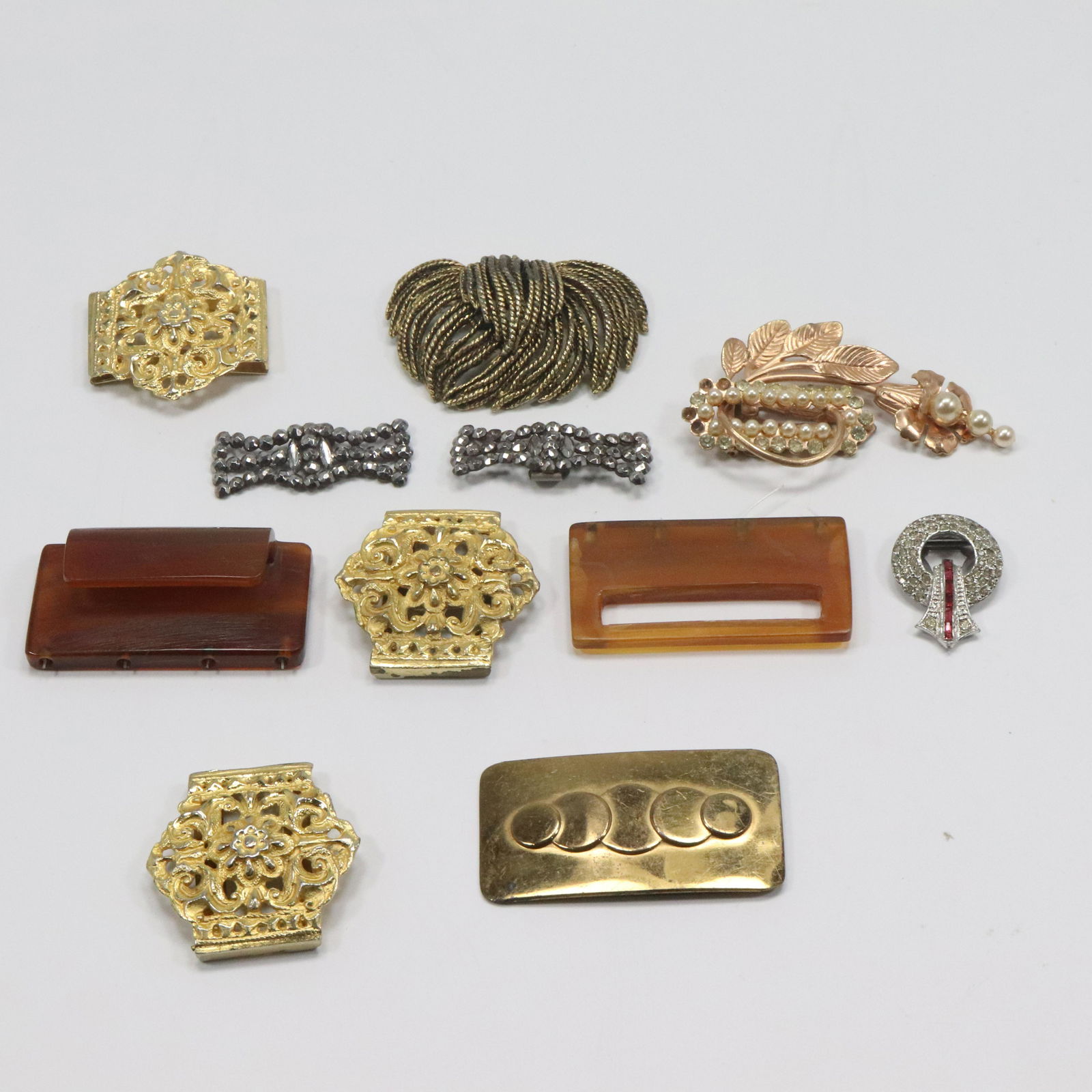 10 Piece Assorted Buckles and Clips Estate Grouping Including Bakelite, Marcasite, Rhinestone (1 of 9)