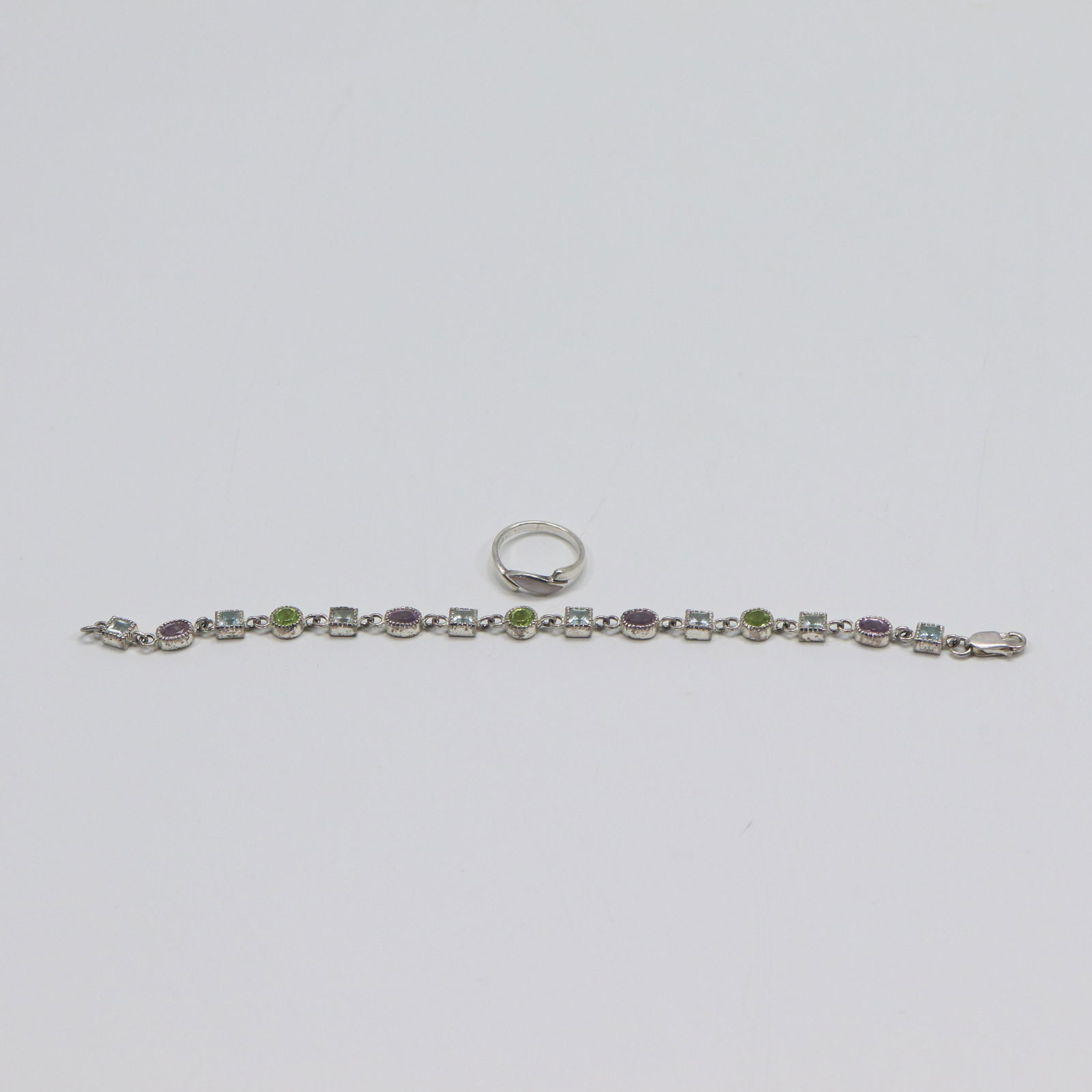 Sterling Silver Genuine Blue Topaz, Purple Amethyst, Peridot Tennis Bracelet / .925 MOP Ring (1 of 7)