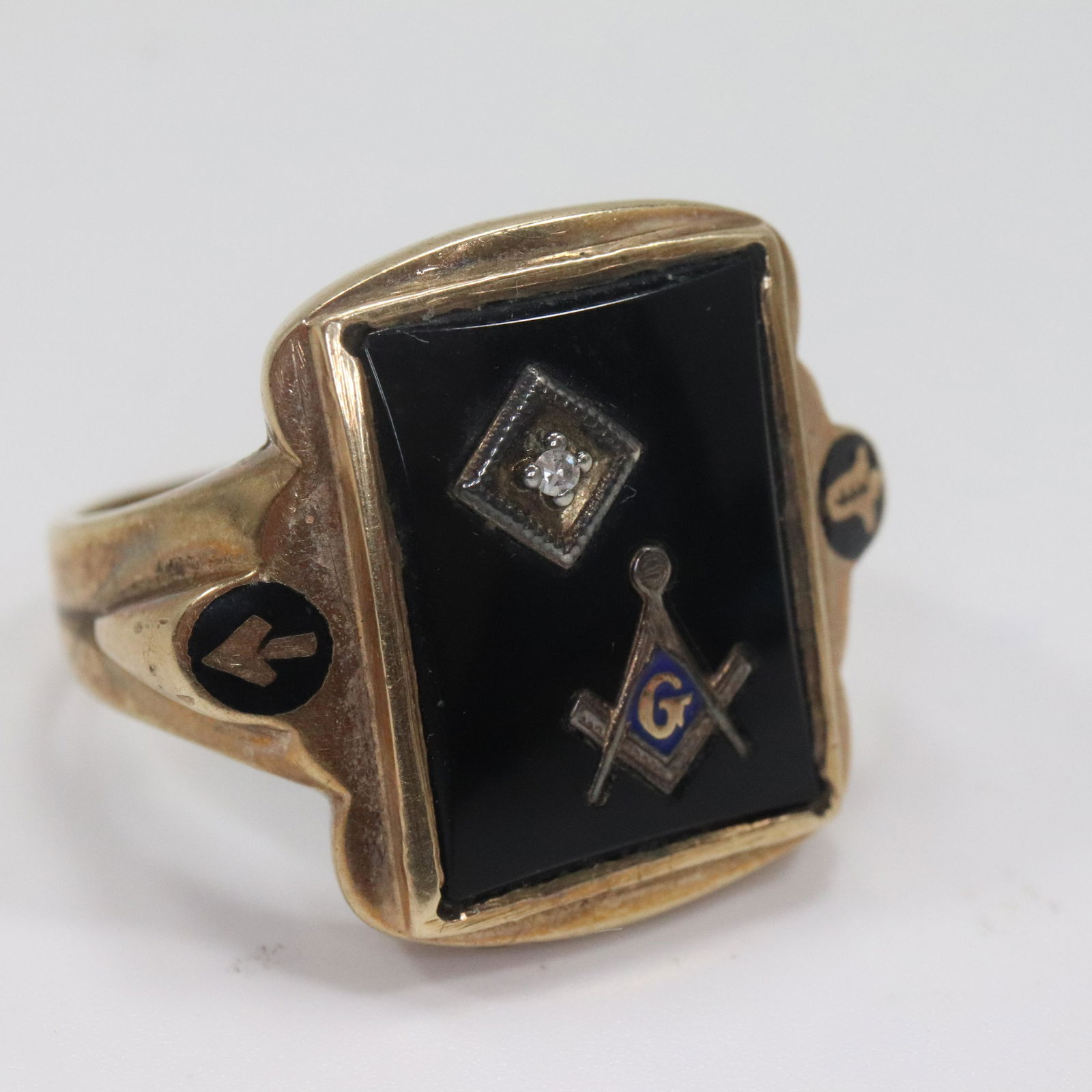 10K GOLD MASONIC RING Black Onyx and Clear Spinel Ring Size 10.5 (1 of 7)