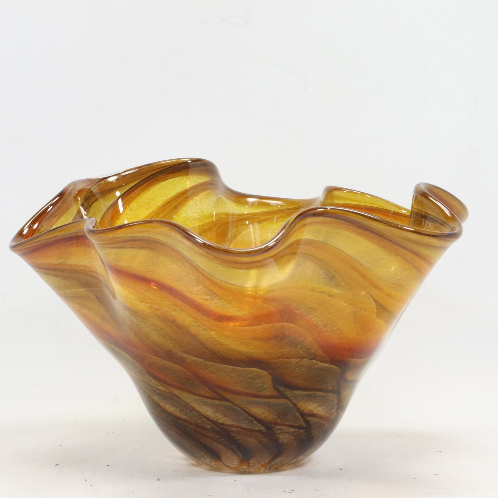 Mid-Century Modern Amber Browns Art Glass Bowl Spinning Comet Center: Mid-Century Modern Amber Browns Art Glass Bowl Spinning Comet Center. size: 8h 12w