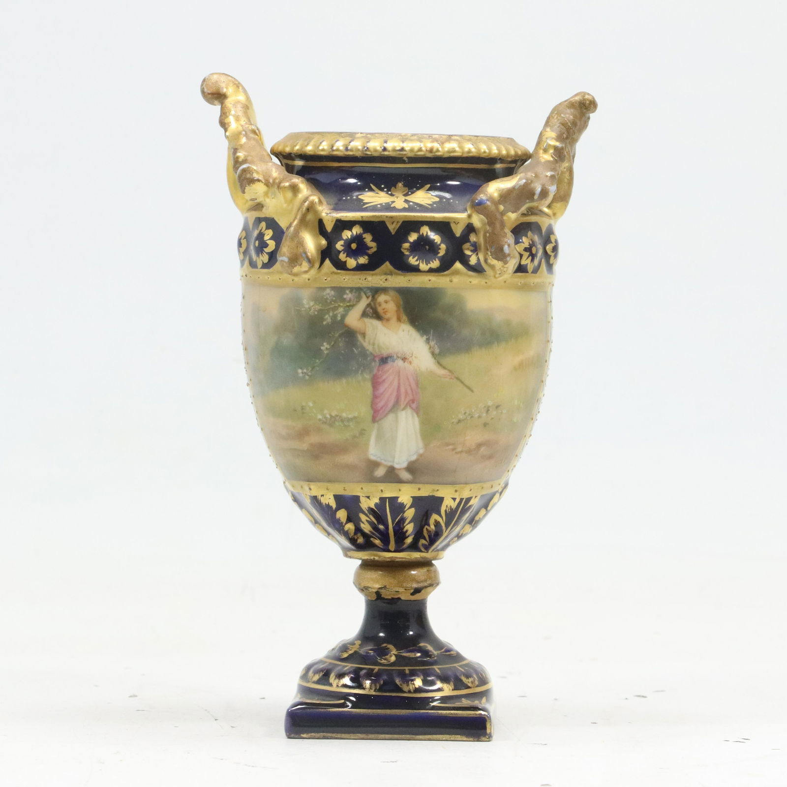 19th C. SEVRES PORCELAIN Urn with Scene Lady Maiden in Field, Cobolt Blue & Gold Gilt (1 of 7)