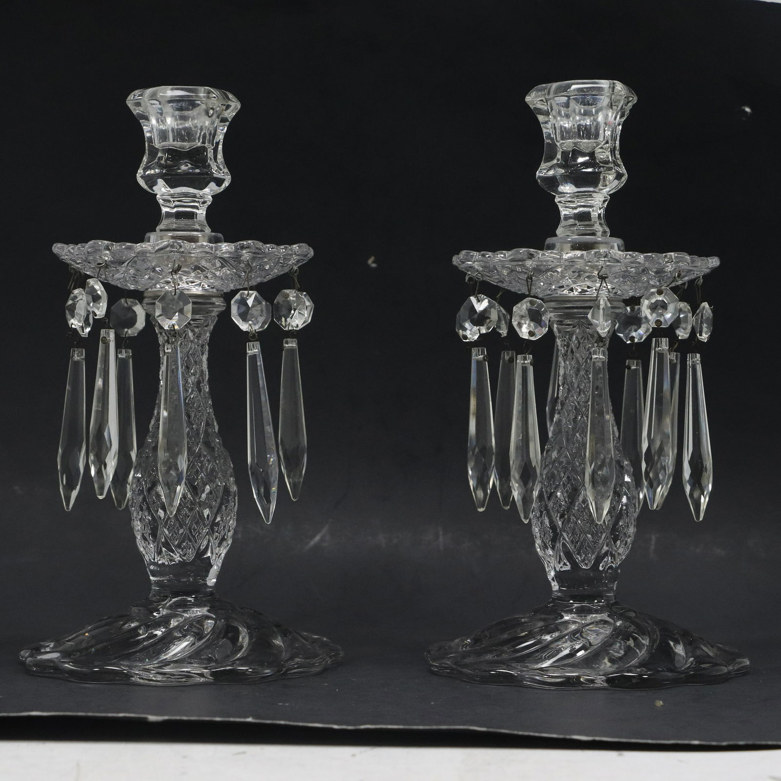 Pair Elegant Crystal Glass Tall Candlesticks Accented with Glass Prisms (1 of 10)