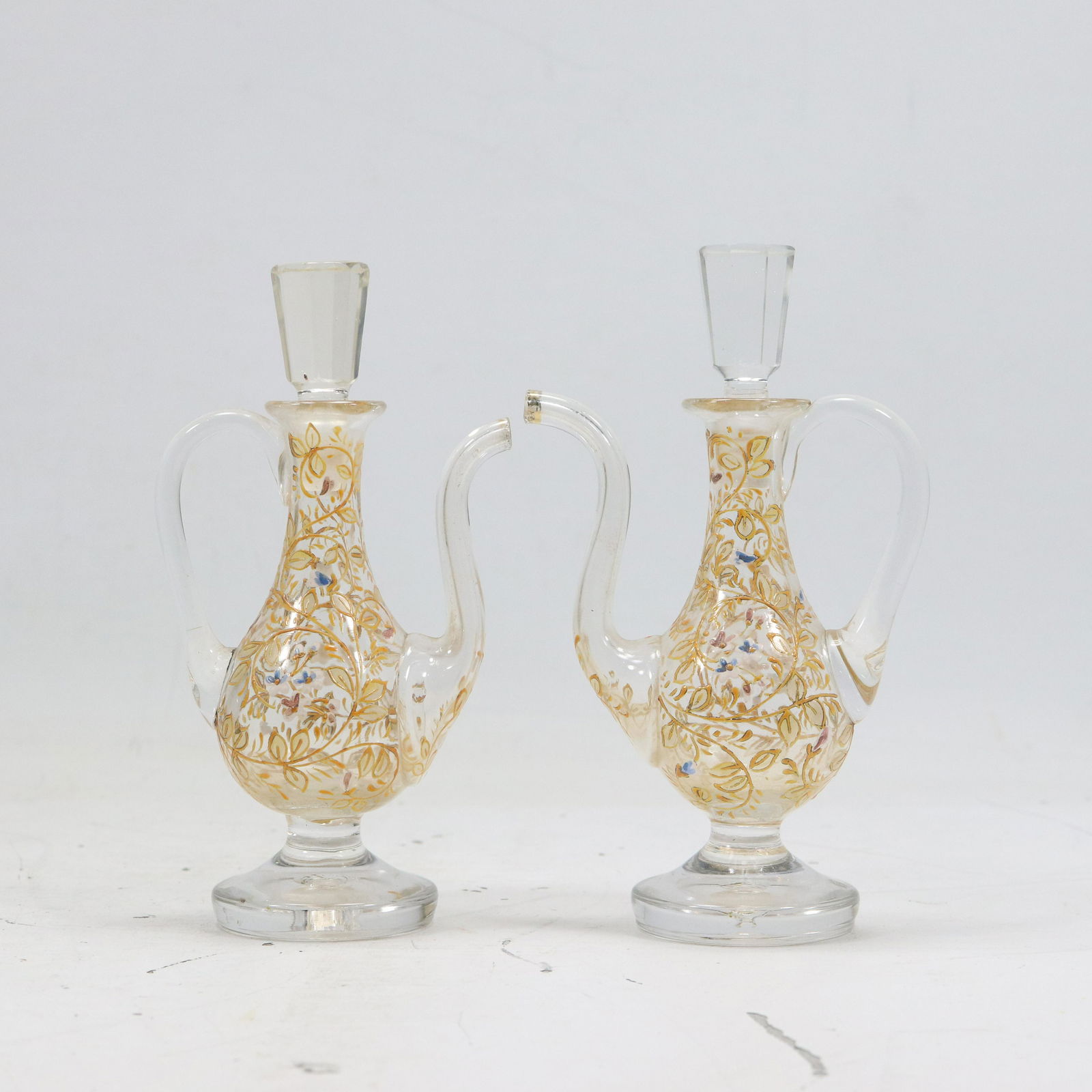 Pair Clear Moser Glass Vinegar Pitchers with Gold Enamel Decoration (1 of 10)