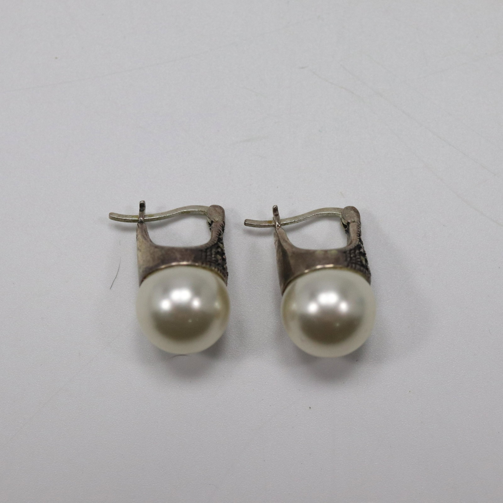 .925 Sterling Silver Marcasites & Pearls Pierced Earrings 1/2 in. x 7/8 in.: .925 Sterling Silver Marcasites & Pearls Pierced Earrings 1/2 in. x 7/8 in.