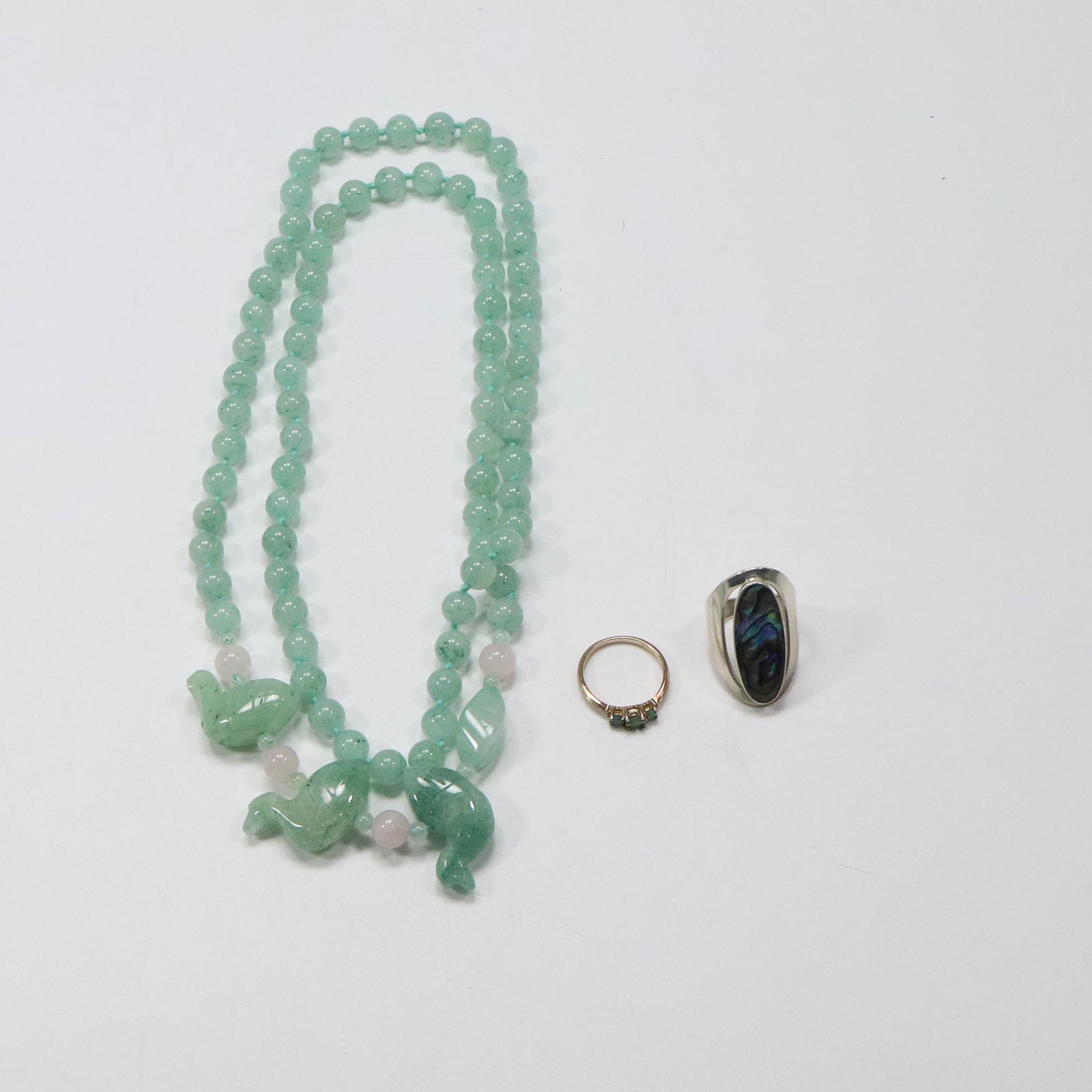 3 Ducks in a Row Jade Necklace 32 in.; .925 Sterling Jade Ring Size 8; .925 Abalone Ring Size 8.5 (1 of 9)