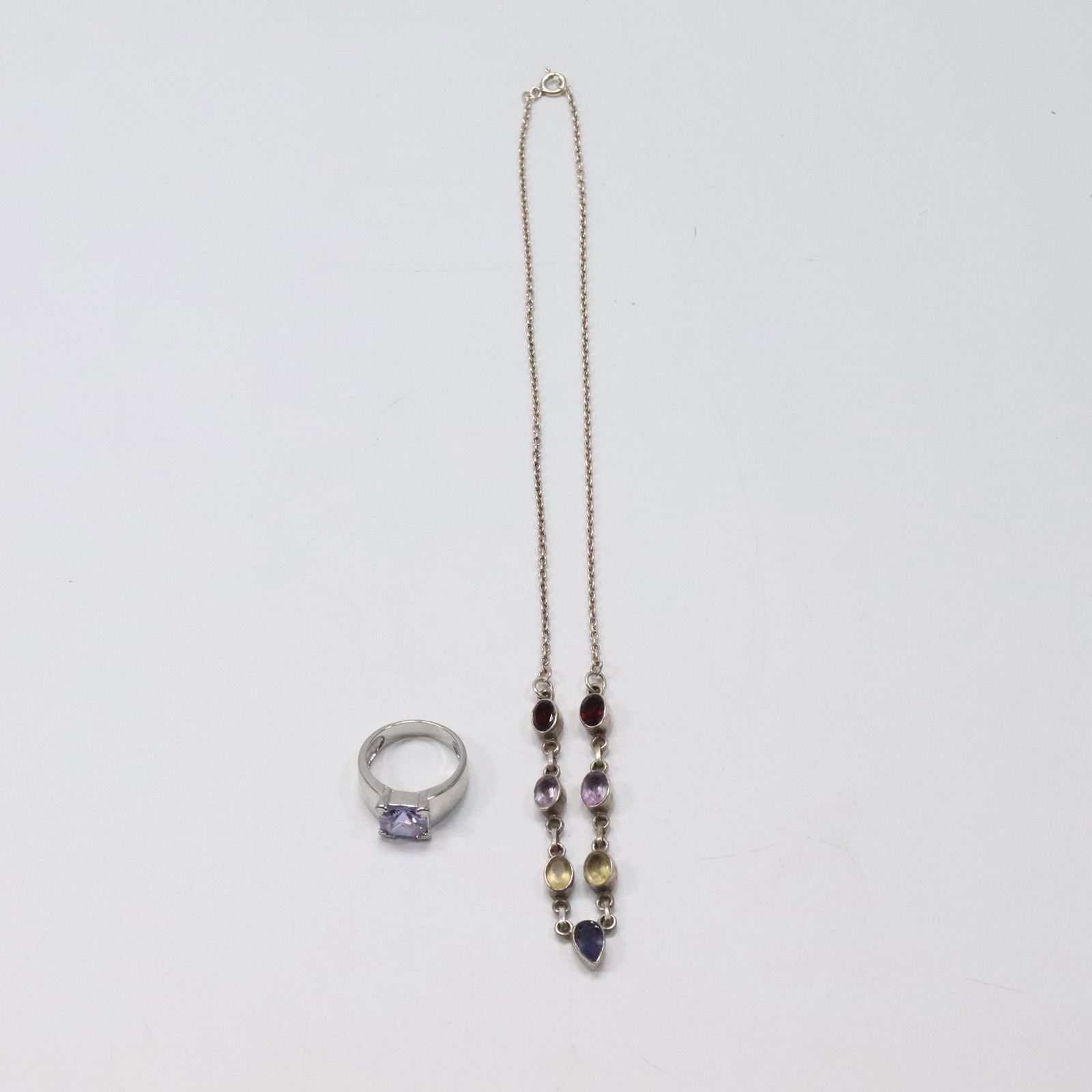 .925 Sterling Purple Amethyst Ring Size 7 & .925 Purple Amethyst Citrine Garnets Necklace (1 of 9)