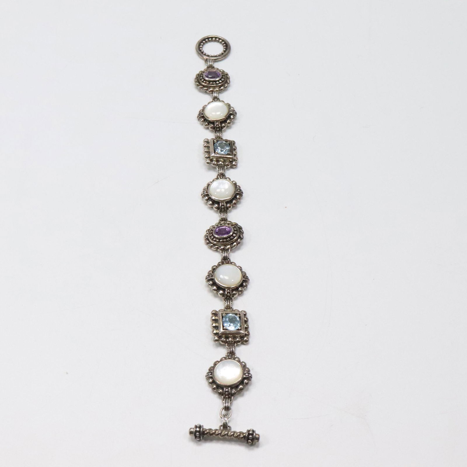 .925 Sterling Silver Bracelet with MOP, Blue Topaz, Purple Amethyst 8 in. x 5/8 in. (1 of 6)