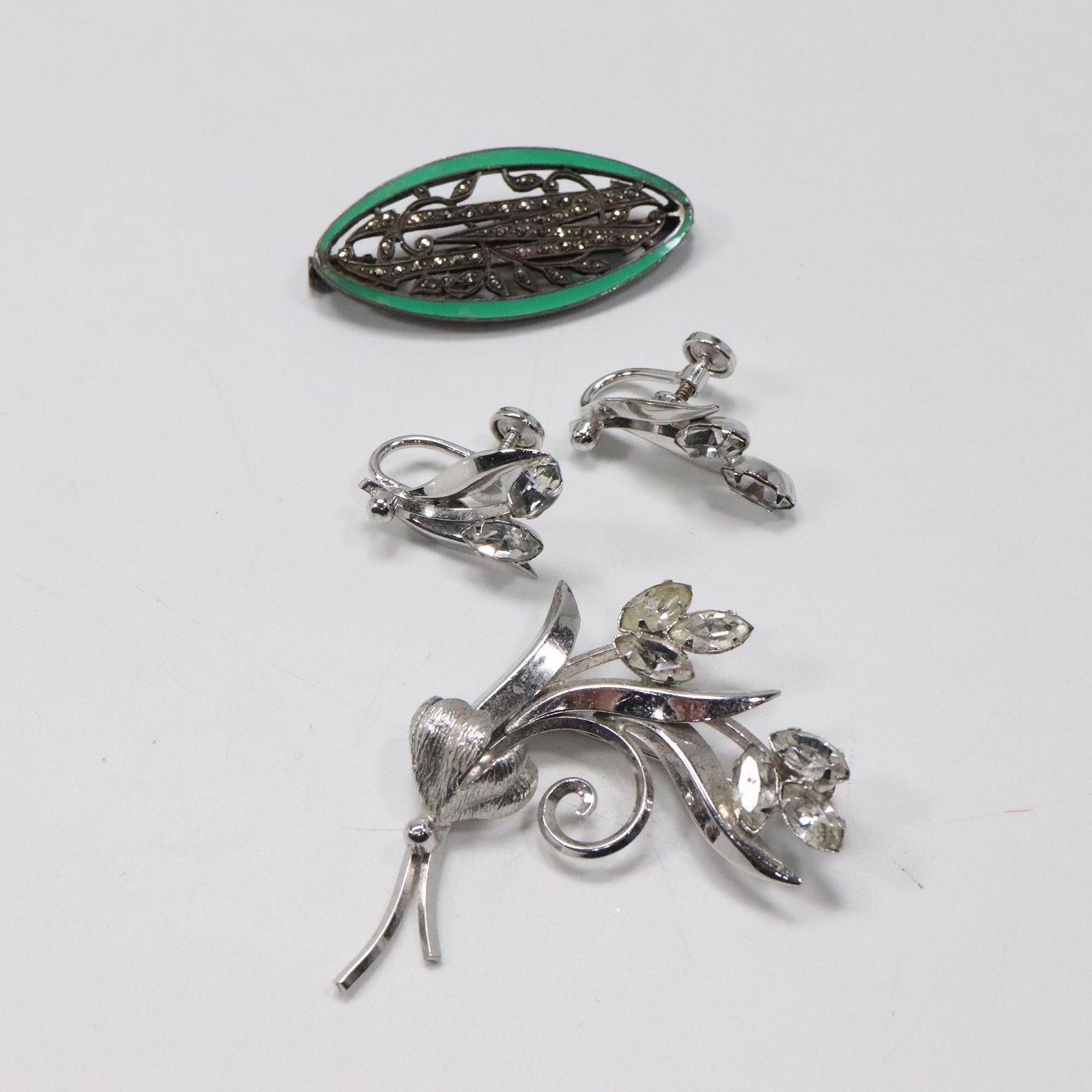 3-Pc Set Sterling Star Art Brooch & Earrings & Tested Sterling Marcasites & Enamel Pin (1 of 8)