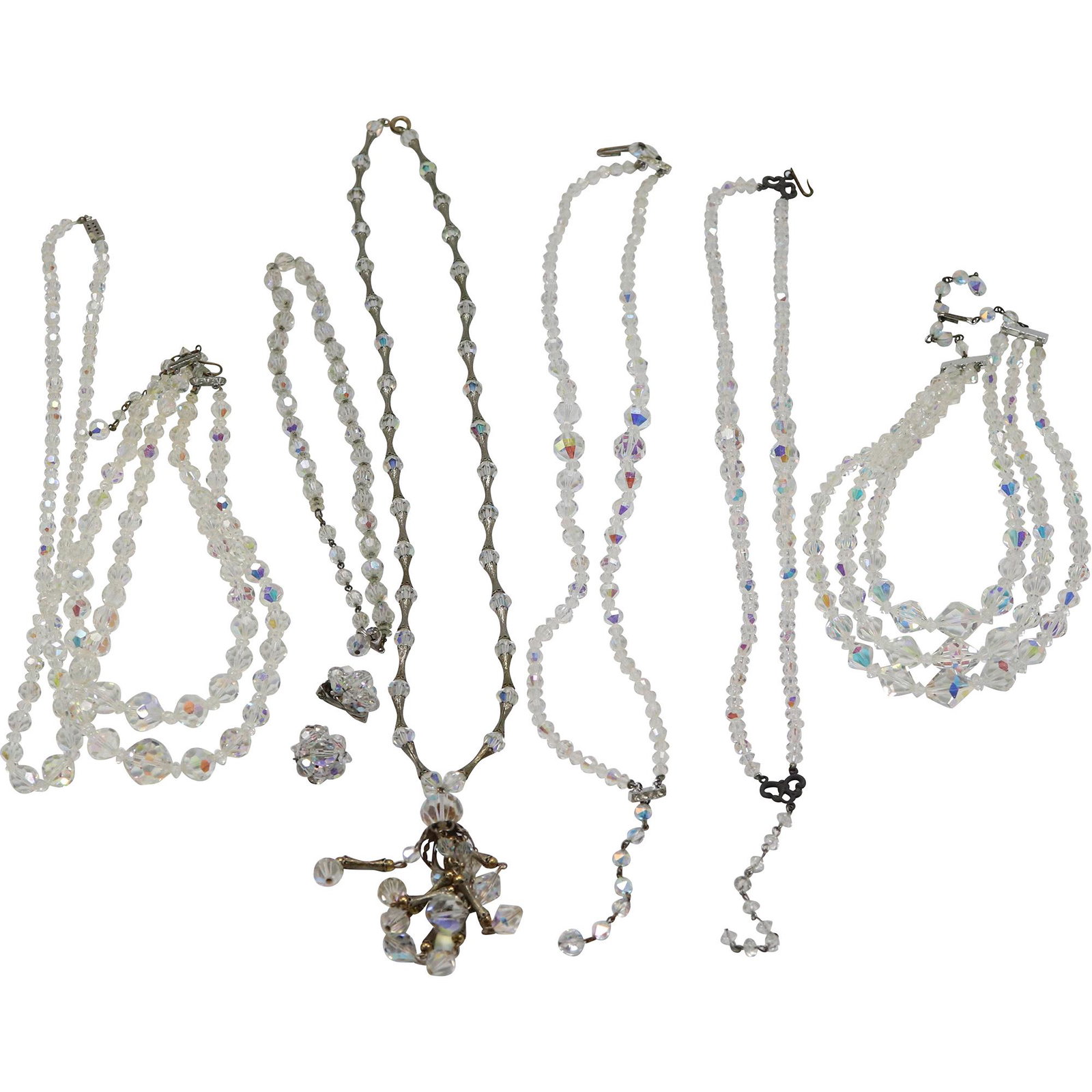 [7] SEVEN Clear Vintage Bead Necklaces with 1 Pair Glass Clip-on Earrings (1 of 11)