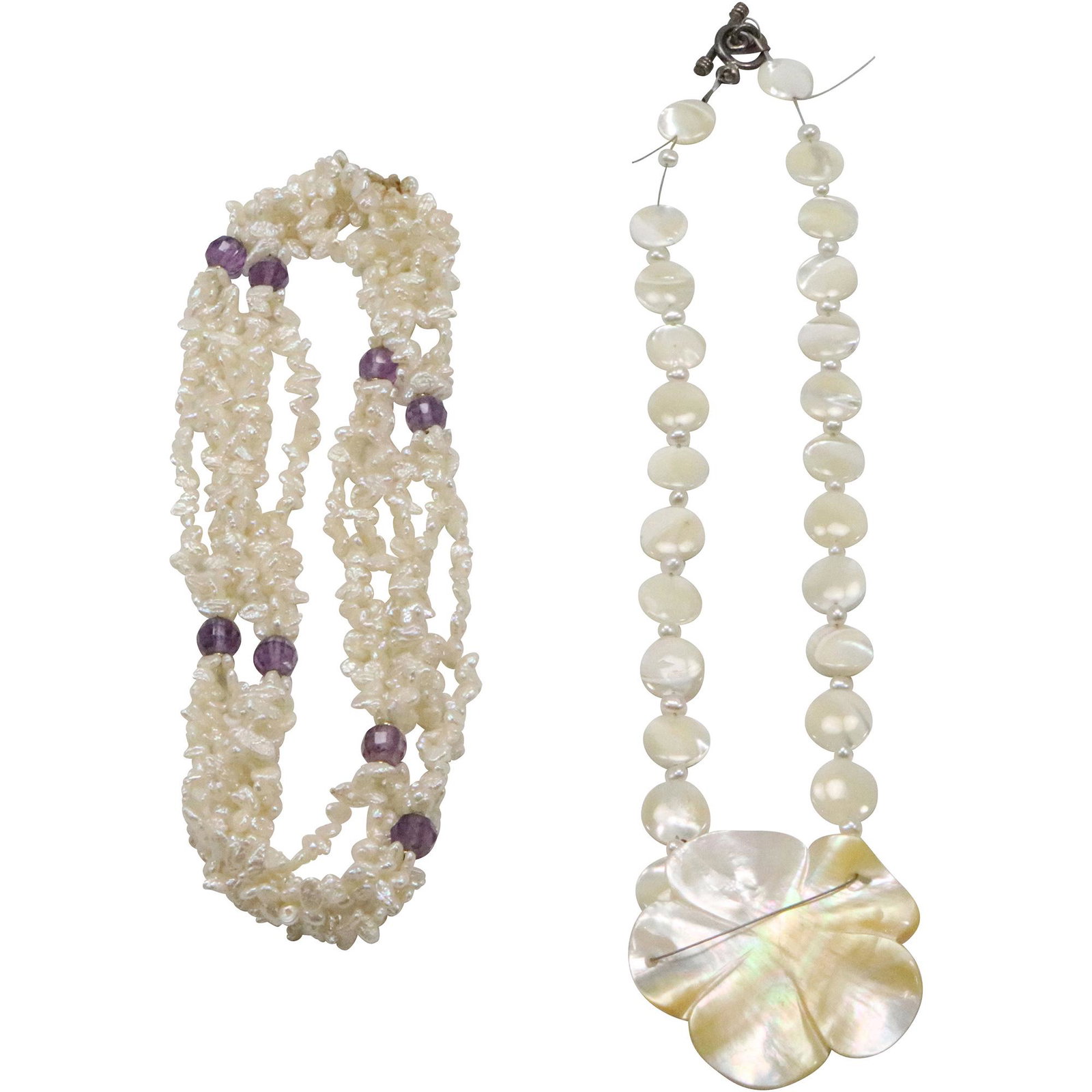 .925 Sterling Clasp MOP Shell & Bead Necklace and Pearl Amethyst Necklace (1 of 7)