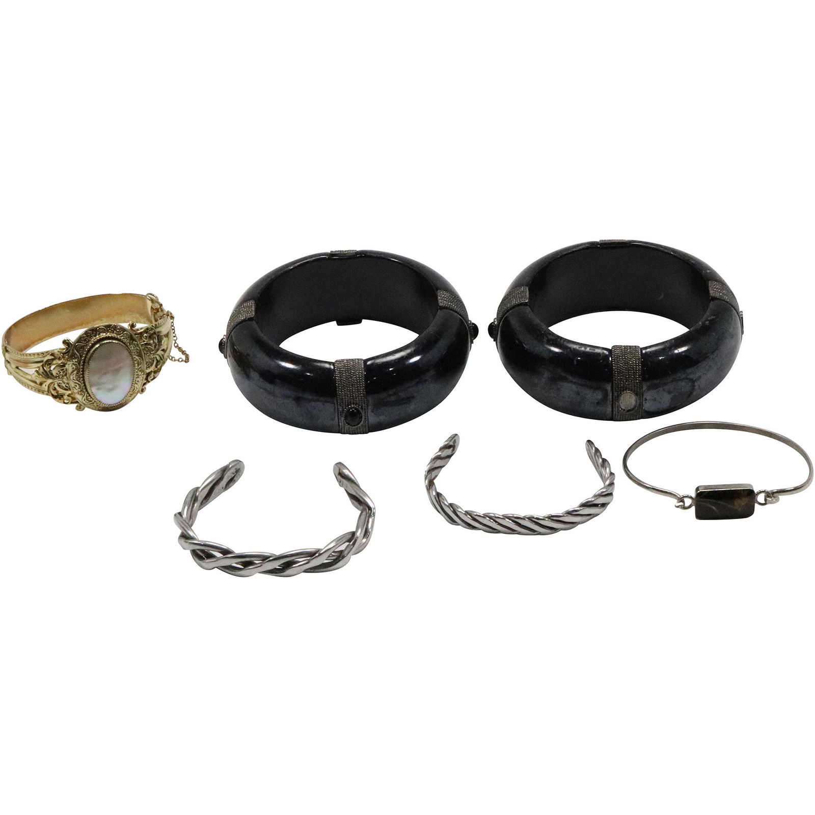 [6] SIX Assorted Deco Style Black Bangles [2], Silver Tone Cuff Bracelets [3], GT MOP Bangle (1 of 12)