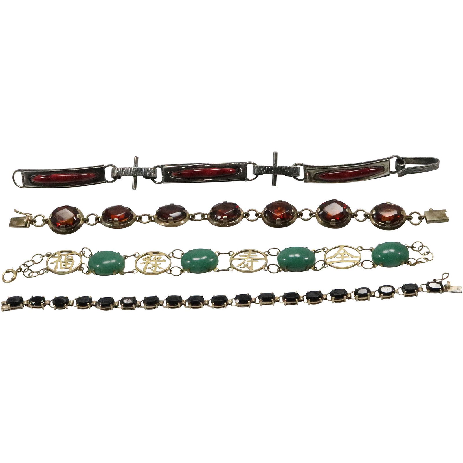 [4] FOUR Assorted Bracelets: Jade, Faux Amber, Black Onyx, Red Jasper (1 of 8)