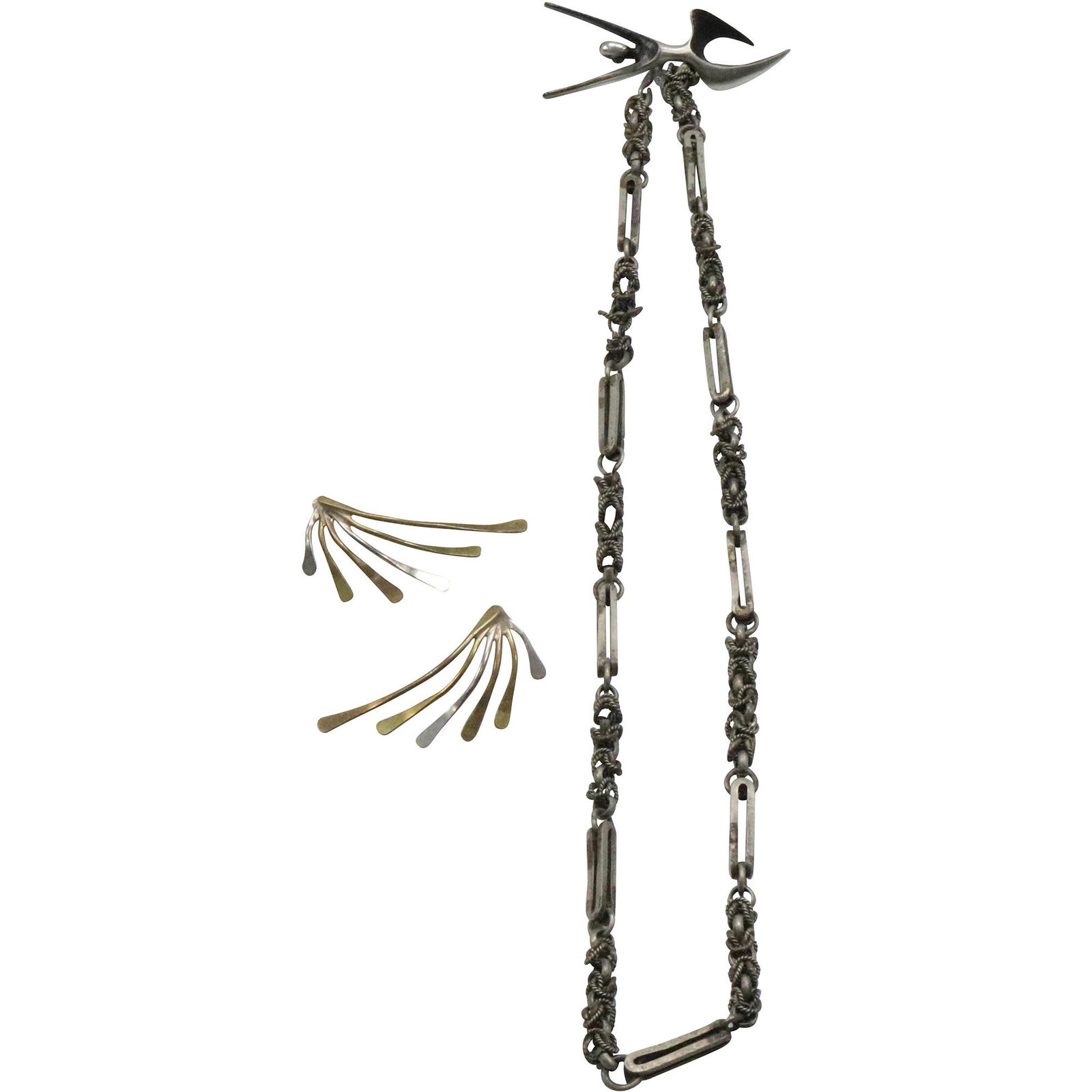 [3] THREE Assorted Silver MCM Brutalist Chain, MCM Brass Silver Earrings, MCM Pin marked HC Co 1961 (1 of 7)