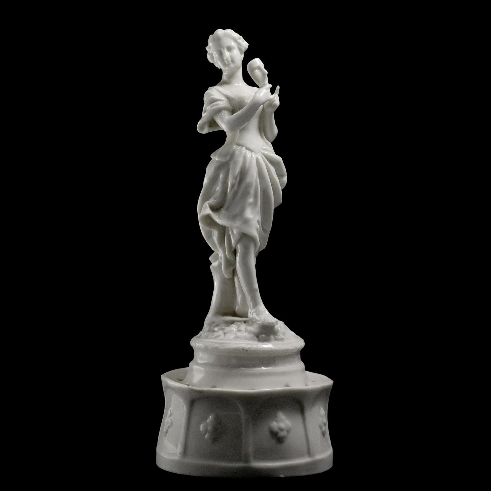 Fine Porcelain Masquerade Woman Holding Mask Statue, Marked: "Crown L Bavaria" in blue: Fine Porcelain Masquerade Woman Holding Mask standing on a pedestal base Statue, Marked: "Crown L Bavaria" in blue. Vintage. size: 8.5 x 3.5