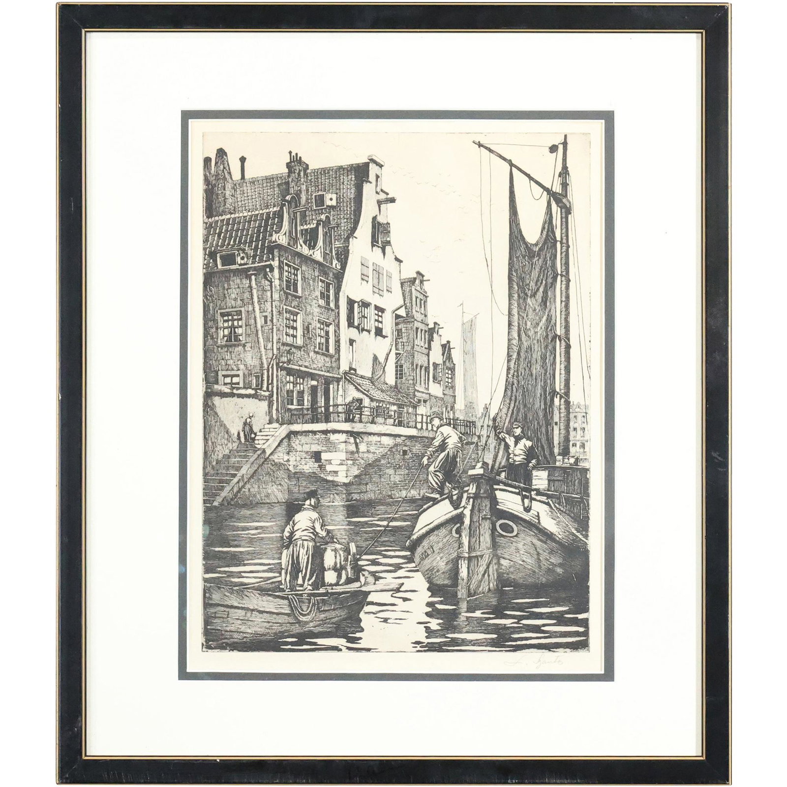 L SZANTOS, Pencil Signed Venetian Scene with Boats Lithograph, Framed (1 of 12)